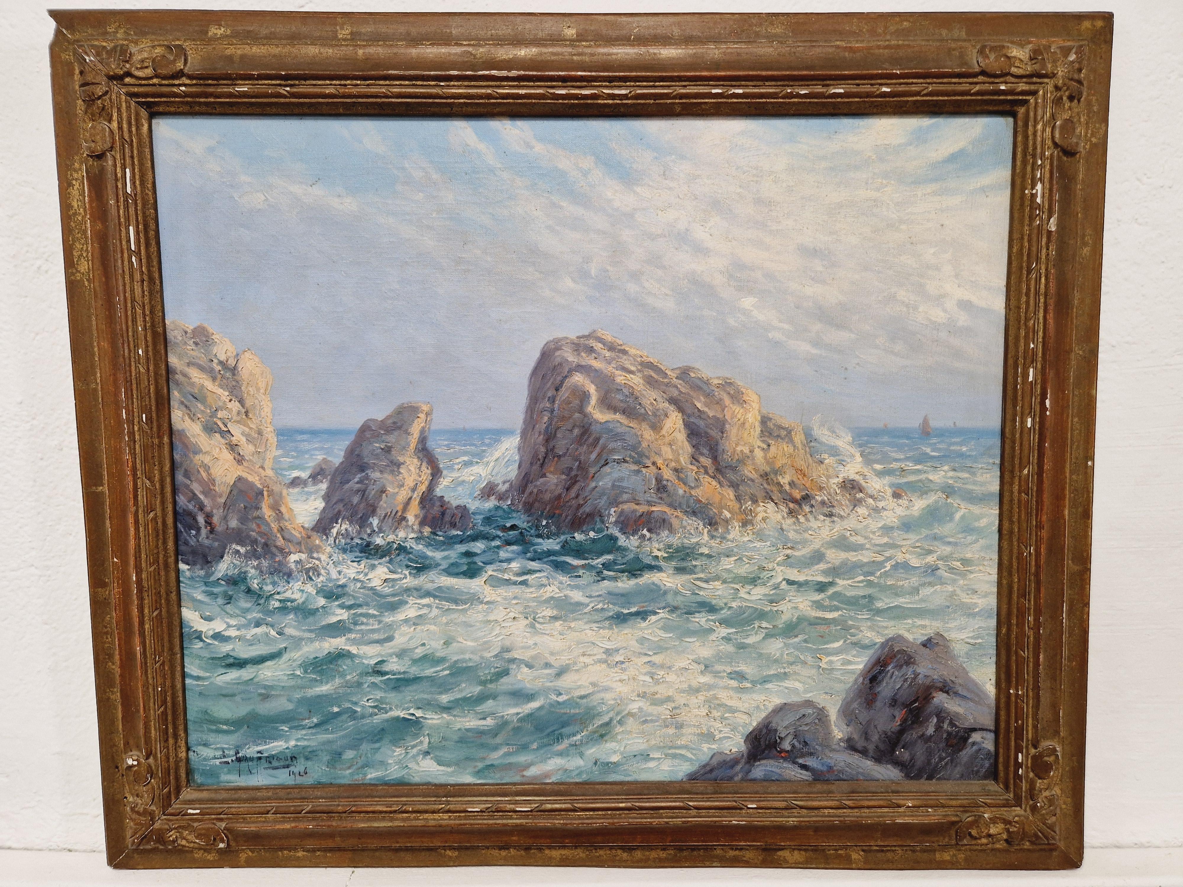 Italian Oil Painting Rocky Coastline by Emile Gauffriaud For Sale