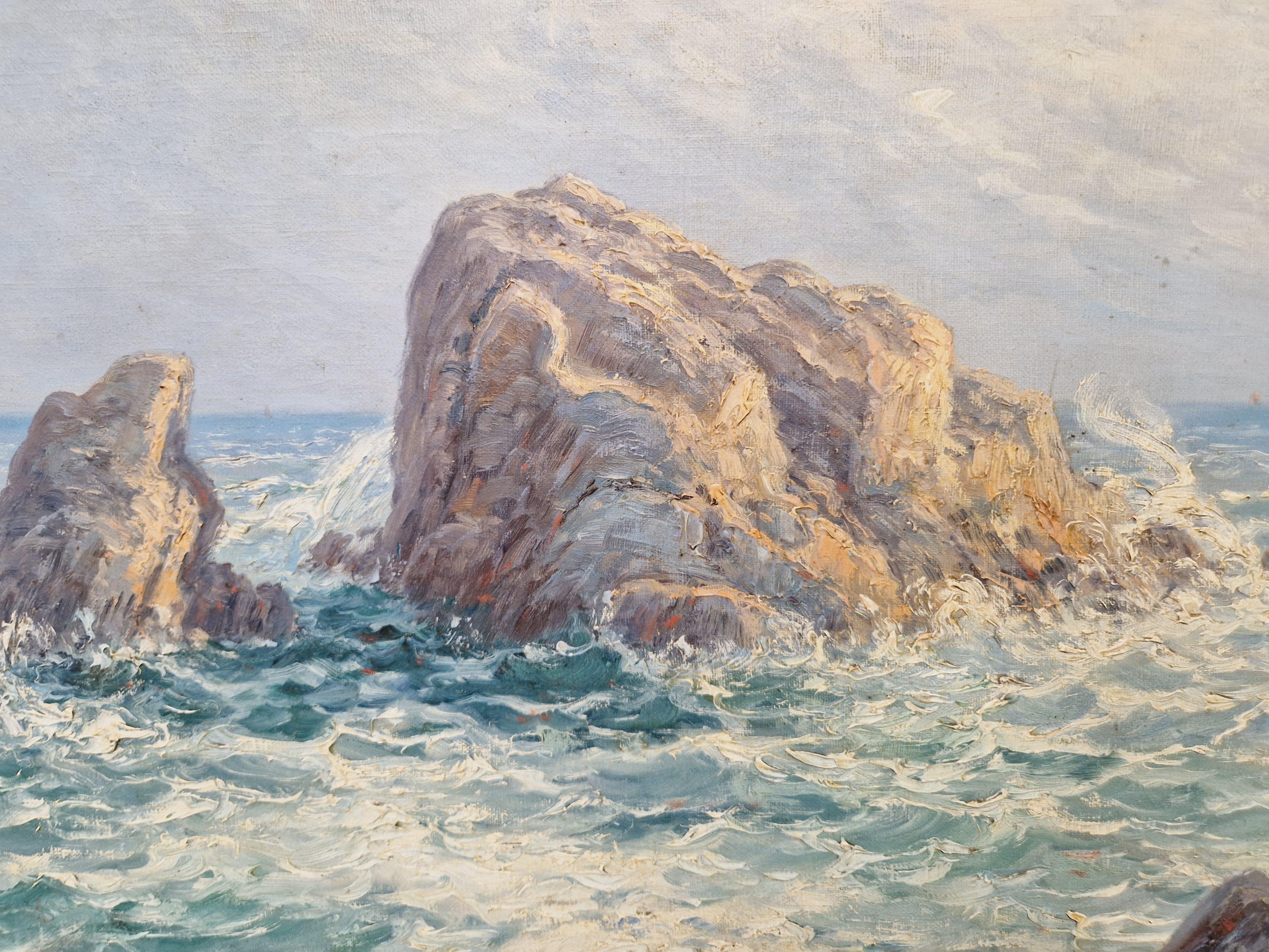 Oil Painting Rocky Coastline by Emile Gauffriaud In Good Condition For Sale In Buxton, GB