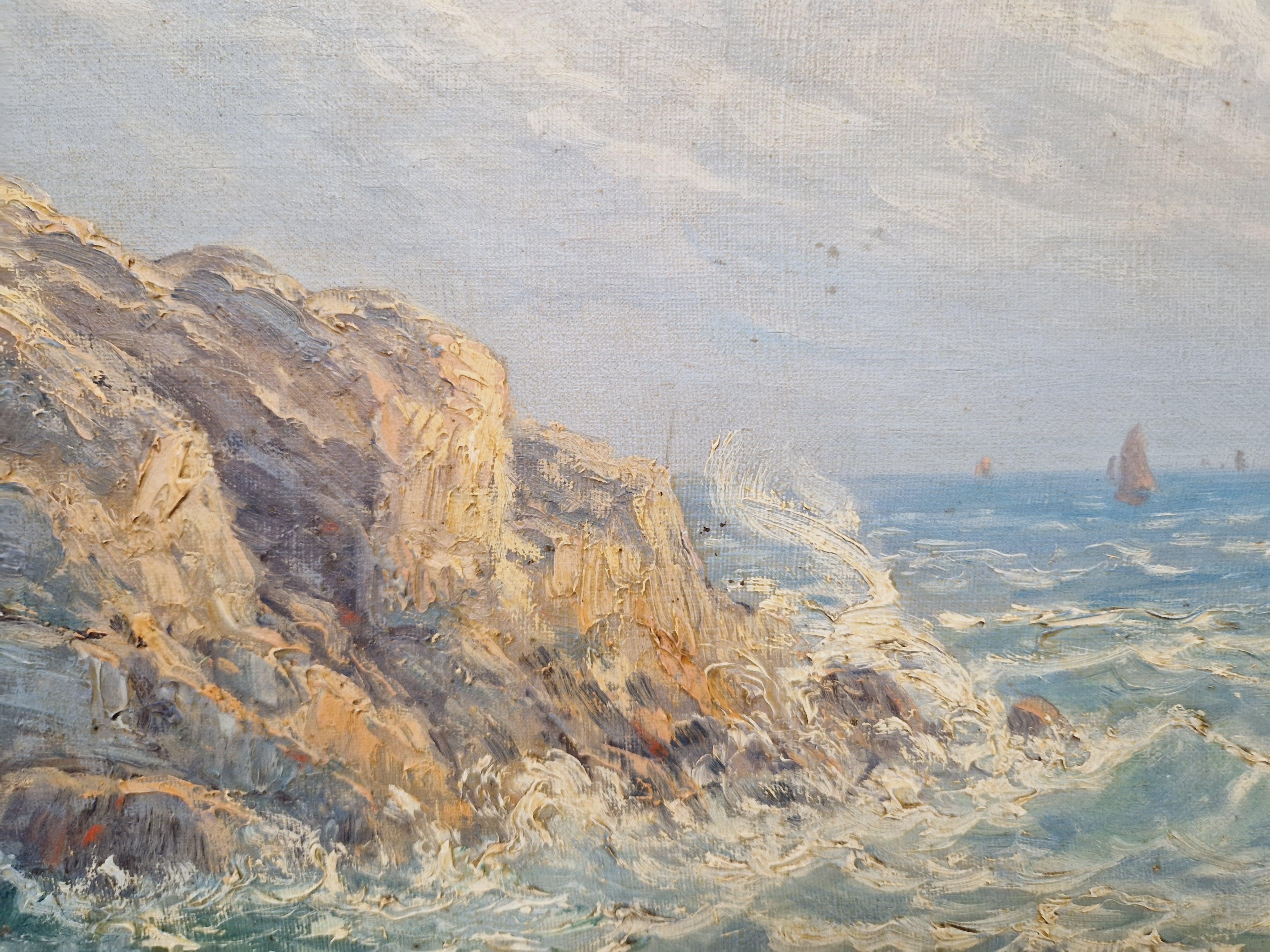 19th Century Oil Painting Rocky Coastline by Emile Gauffriaud For Sale