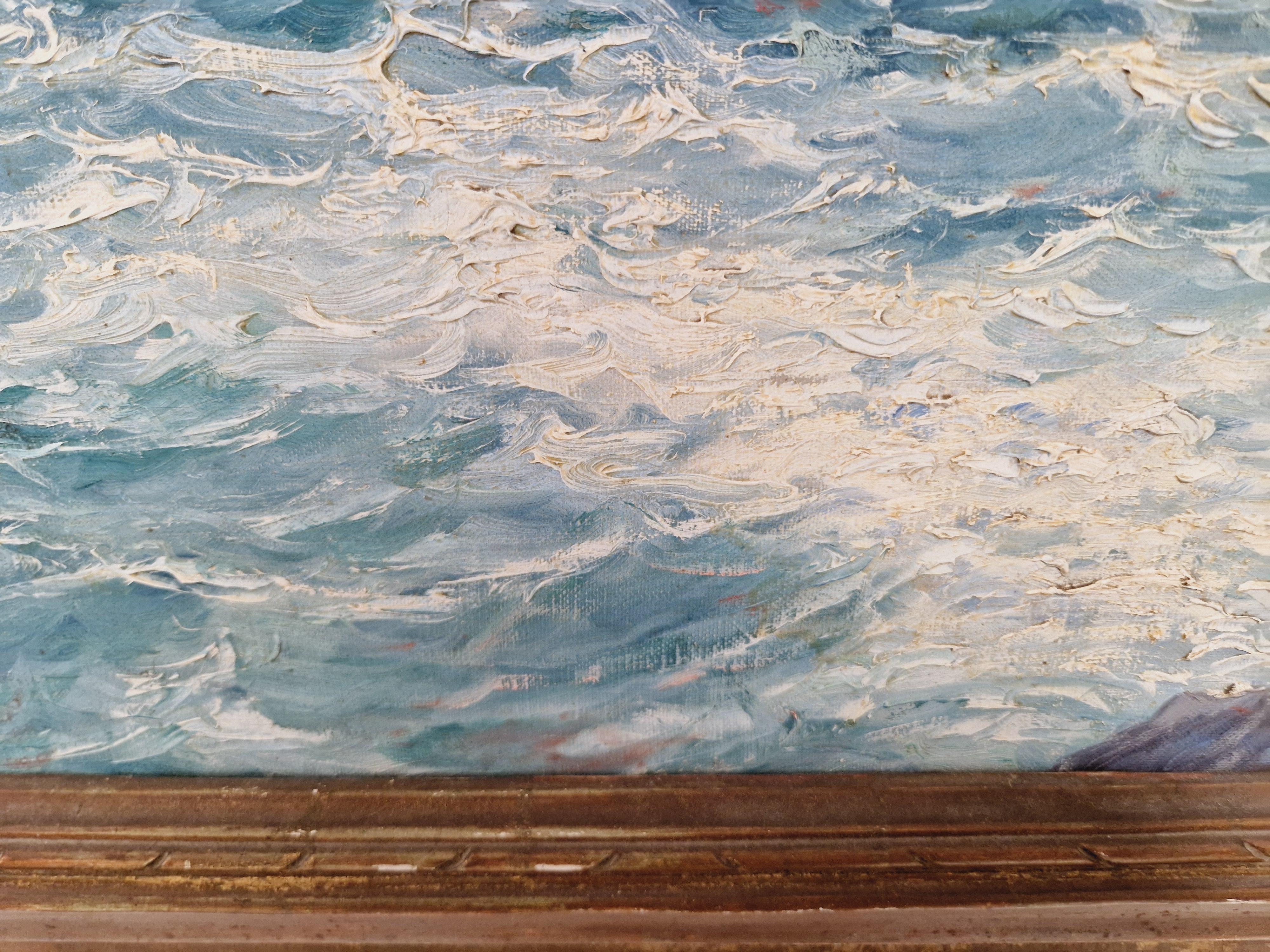 Hardwood Oil Painting Rocky Coastline by Emile Gauffriaud For Sale