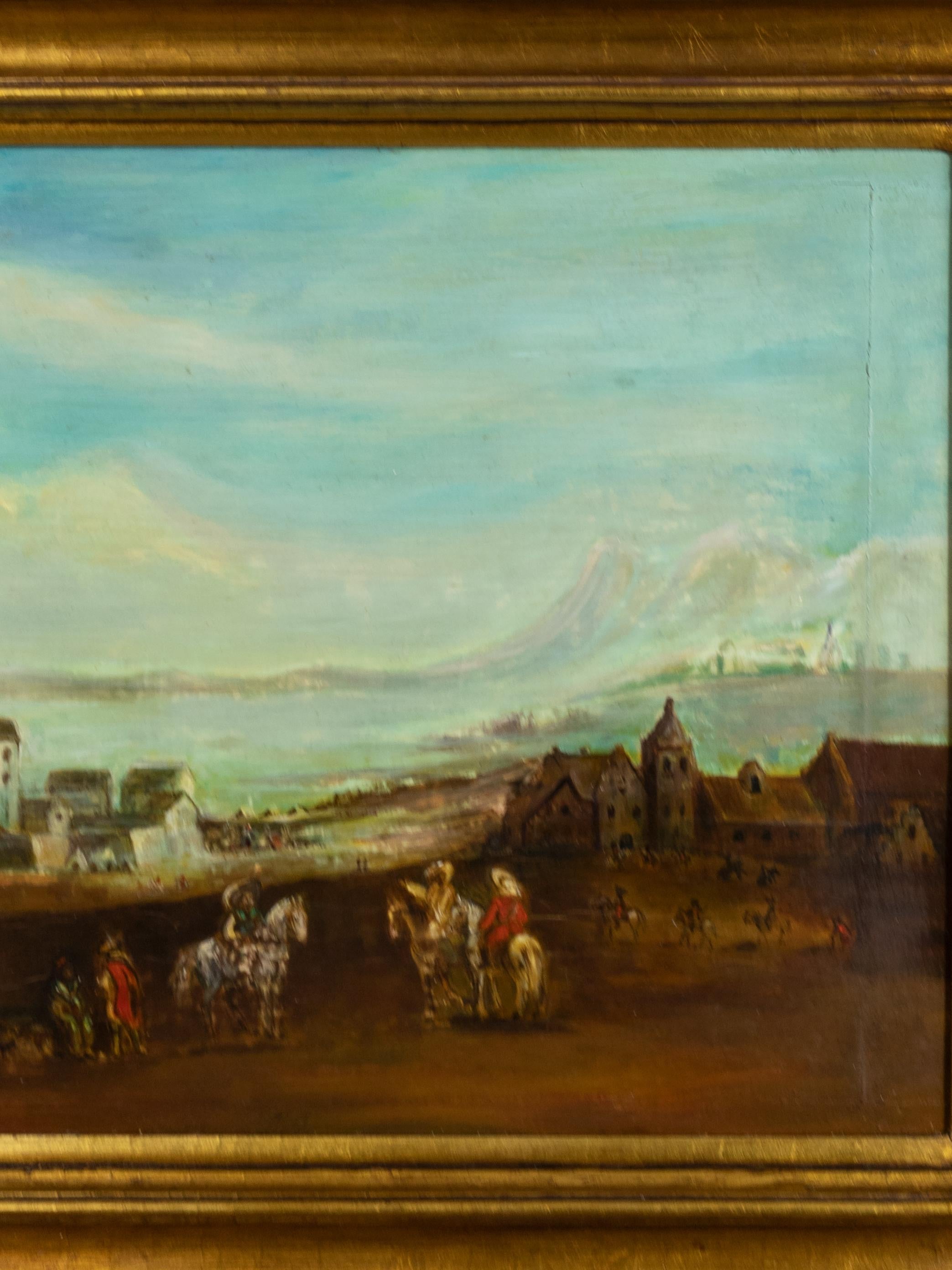 Un thème à l'huile sur le thème de la romance du Vieux Monde représente des cavaliers arrivant dans une petite ville près d'une rivière et de montagnes. 

Cadre 64 x 50 cm 
Toile : 50 x 37,5 cm

Parfait pour ancrer un mur de galerie maximaliste,