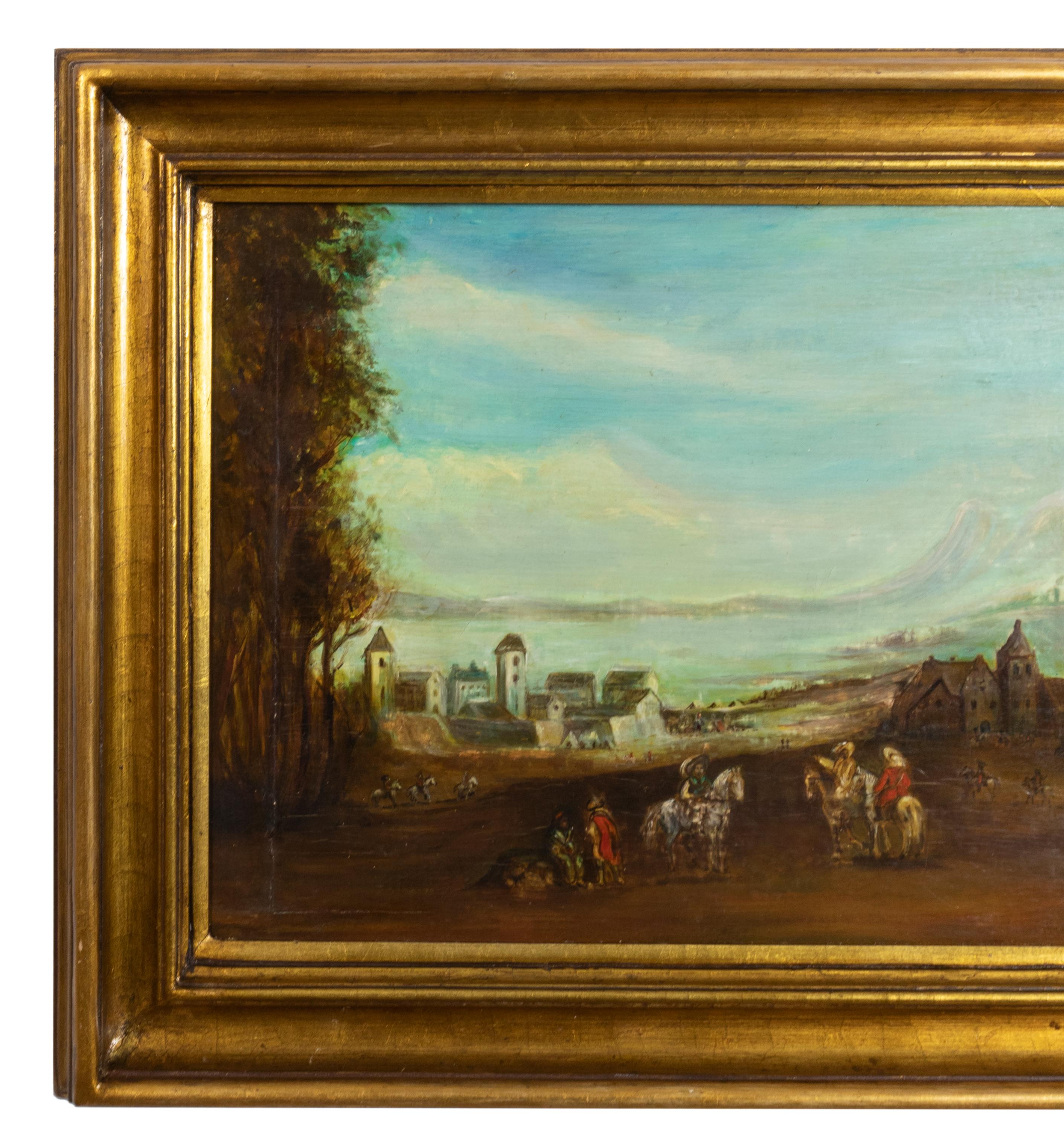 Français Peinture à l'huile d'un paysage de village rural avec des cavaliers, début du 20e siècle en vente