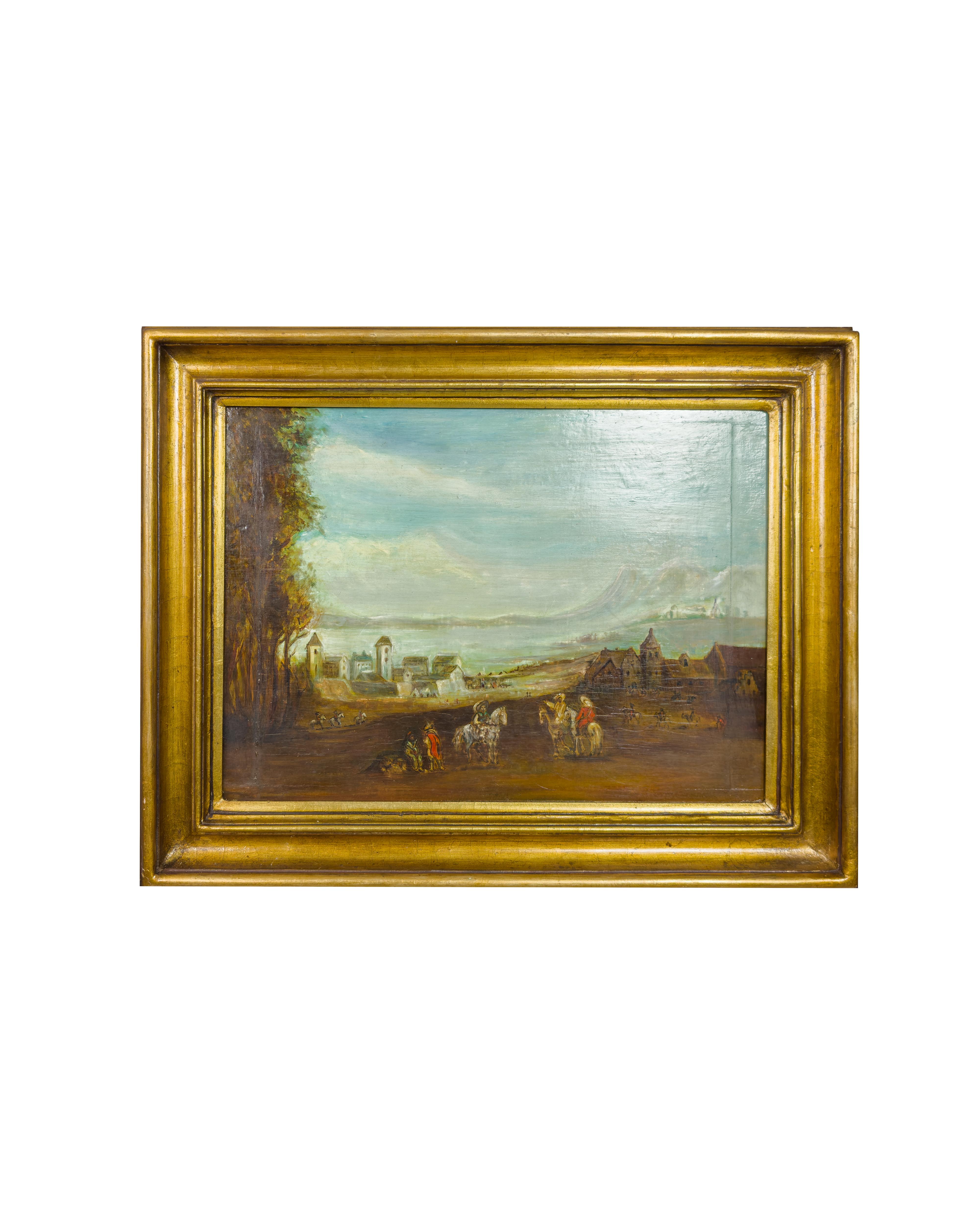 Peinture à l'huile d'un paysage de village rural avec des cavaliers, début du 20e siècle Bon état - En vente à Lisbon, PT