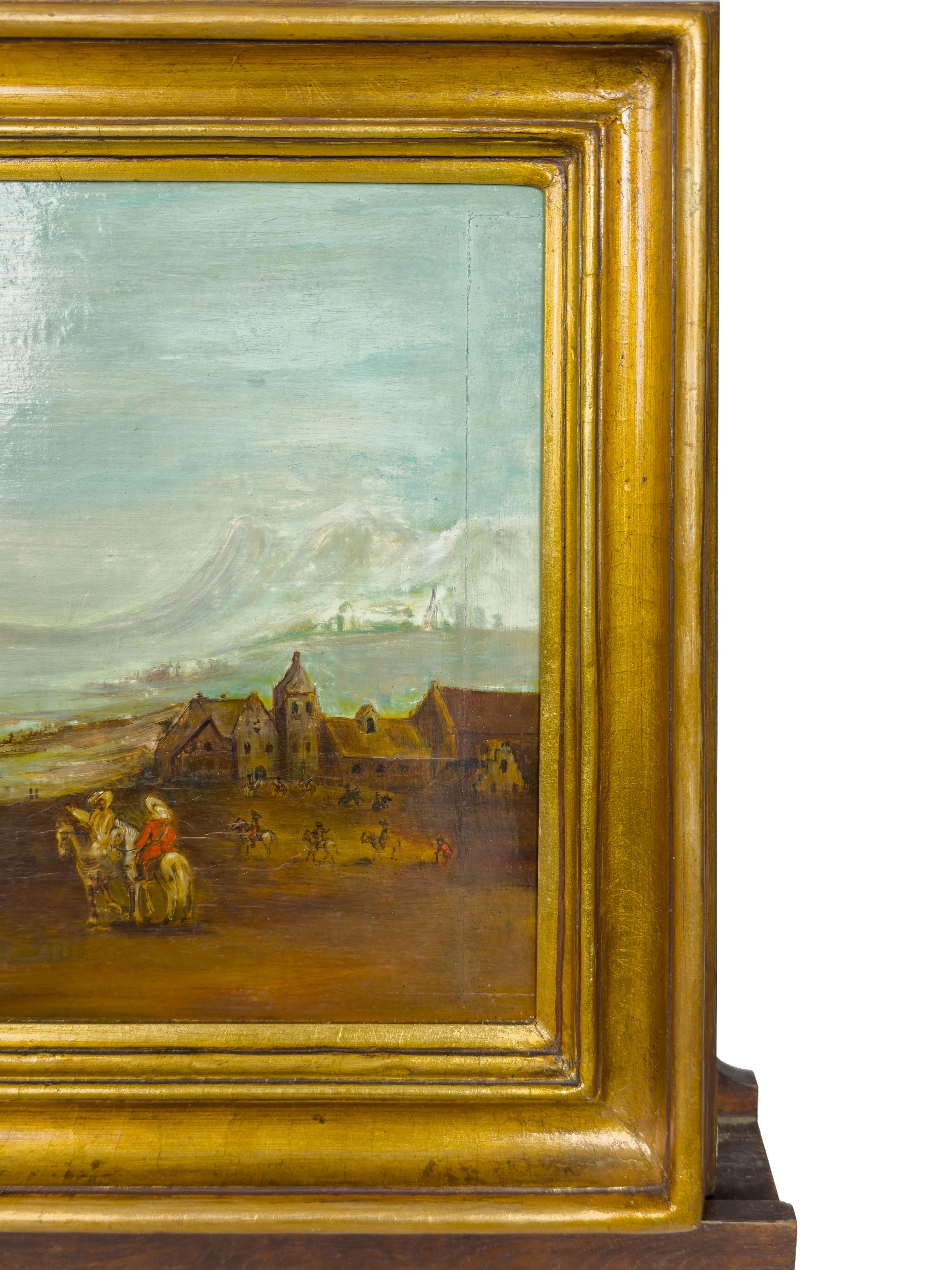 Toile Peinture à l'huile d'un paysage de village rural avec des cavaliers, début du 20e siècle en vente