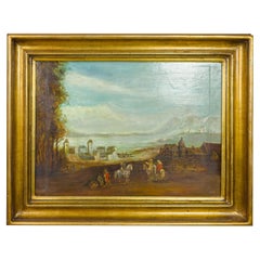 Oil Painting Rural Village Landscape Scene With Horsemen, Early 20th Century
