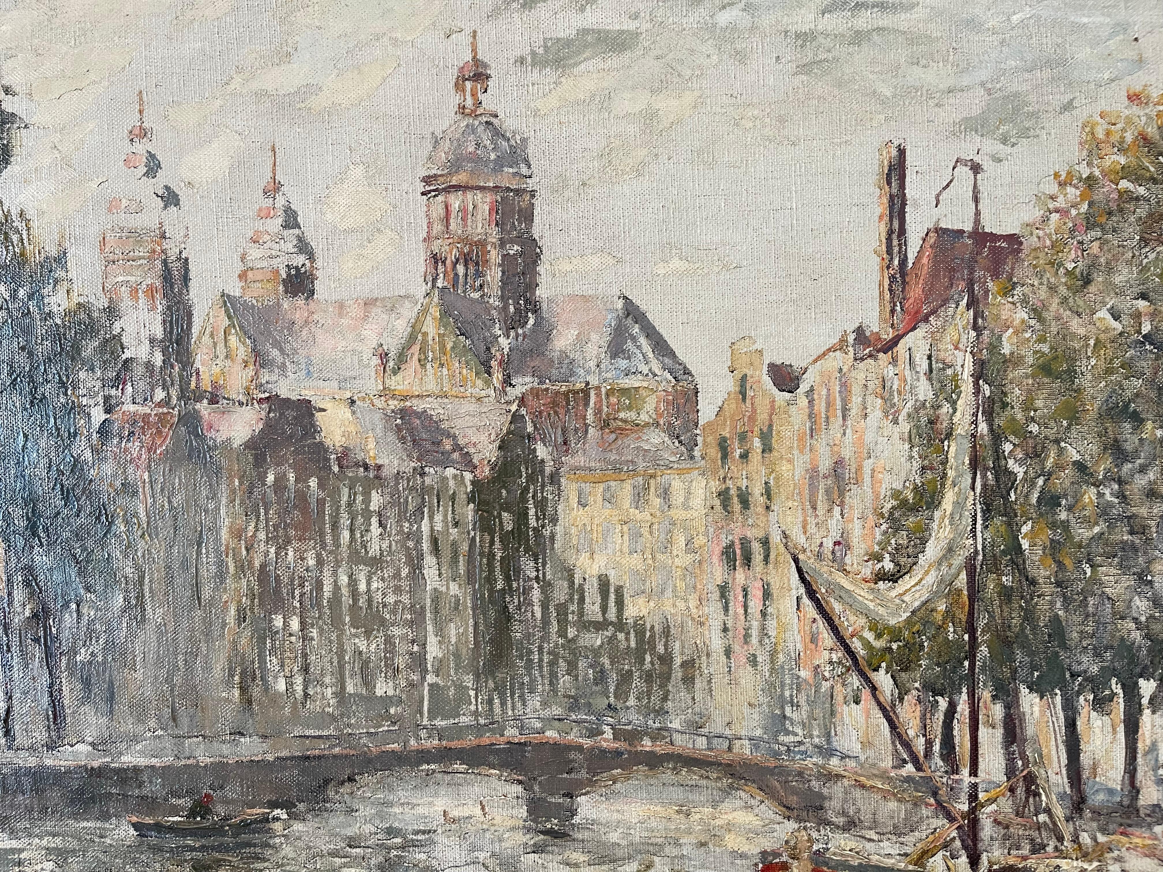 French Oil painting Saint Nicholas Basilica Amsterdam view by Fernand Laval 1928 For Sale