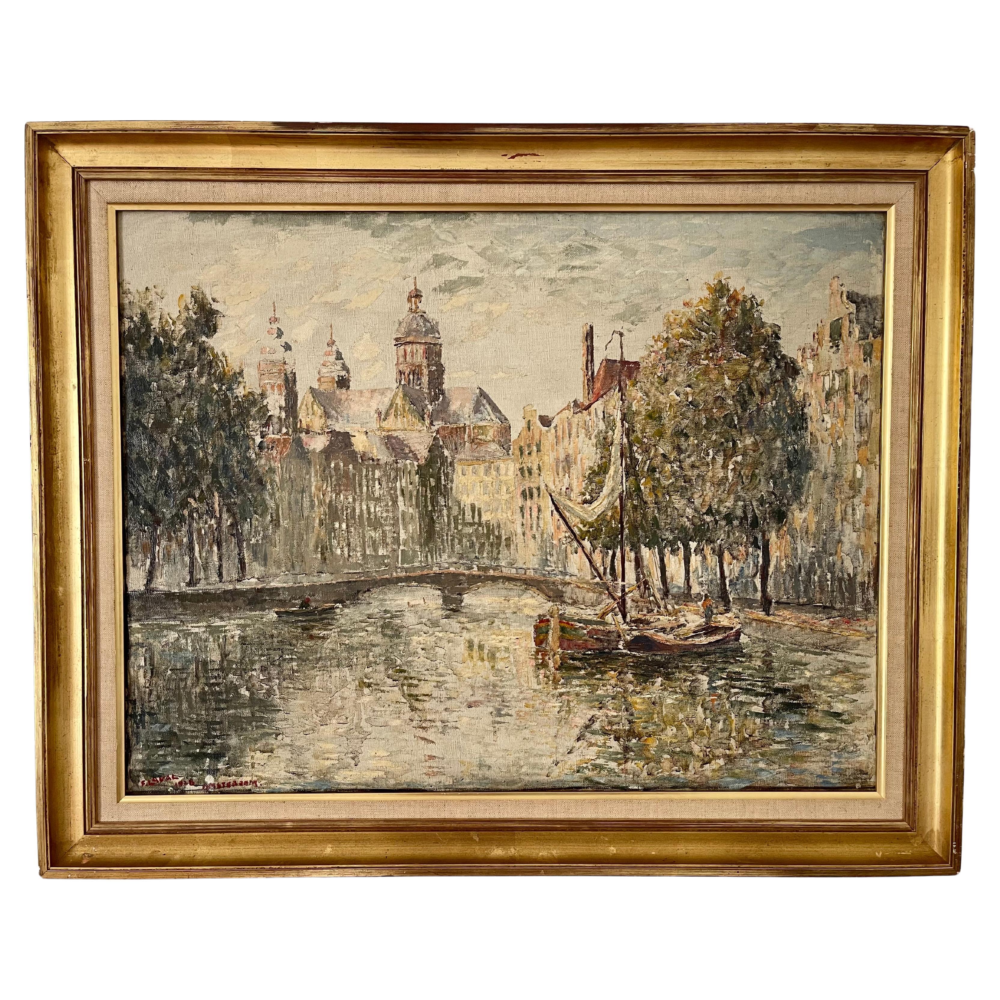 Oil painting Saint Nicholas Basilica Amsterdam view by Fernand Laval 1928 For Sale