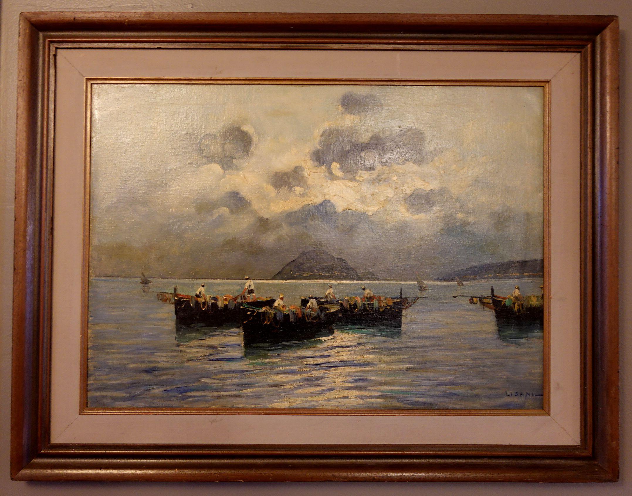 Lisani, a 20th century Italian artist, oil painting on board, fishing rowboats. Signed lower right. Framed. A certificate paper label is on the backside. Provenance: Nye and Company, Bloomfield, NJ, United States, July 21, 2021, lot 173. Lisani is a