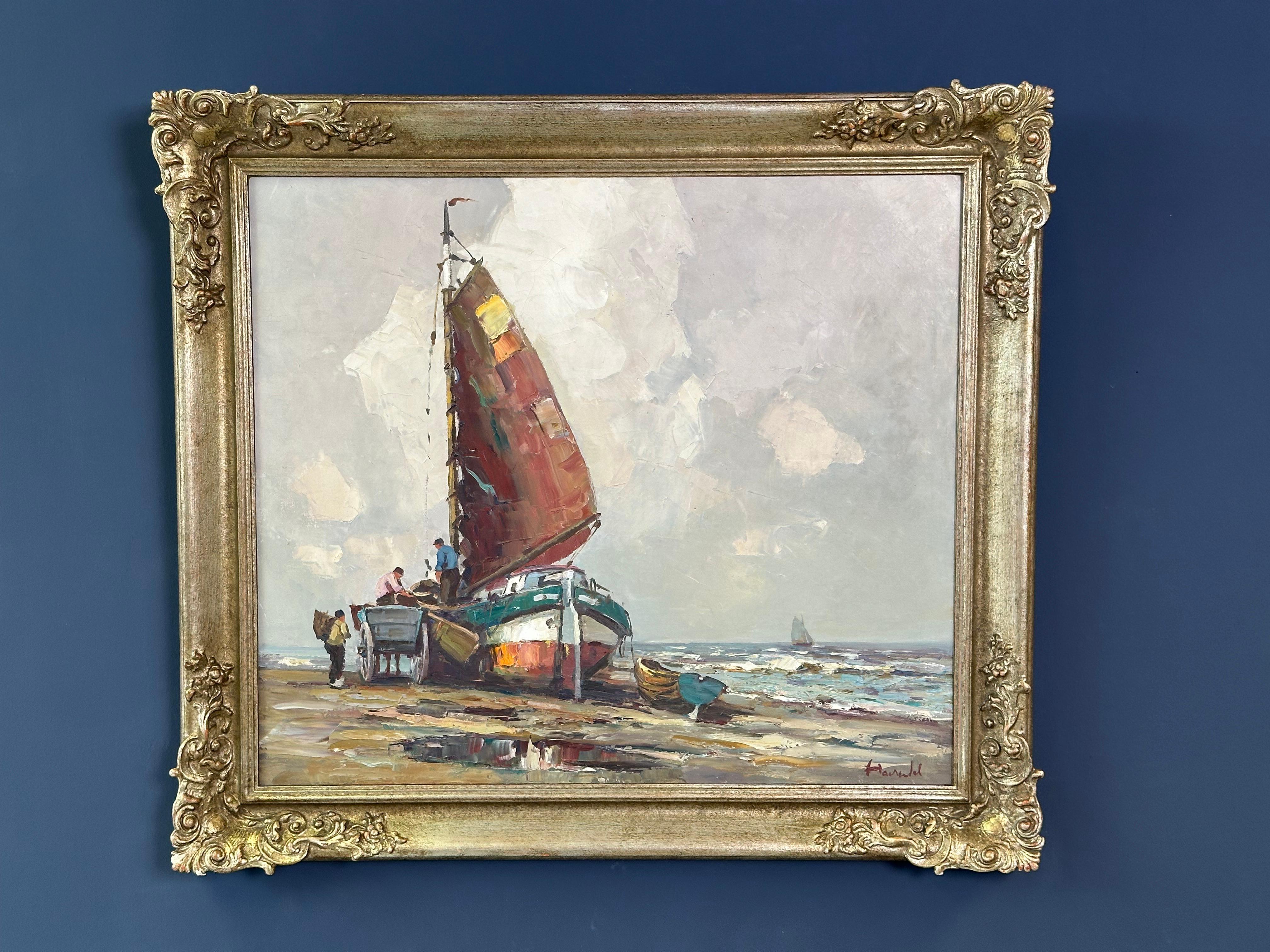 Oil painting “Segelschiff auf Sand“, frame gold von Harry Haerendel signed In Excellent Condition For Sale In Munich, DE
