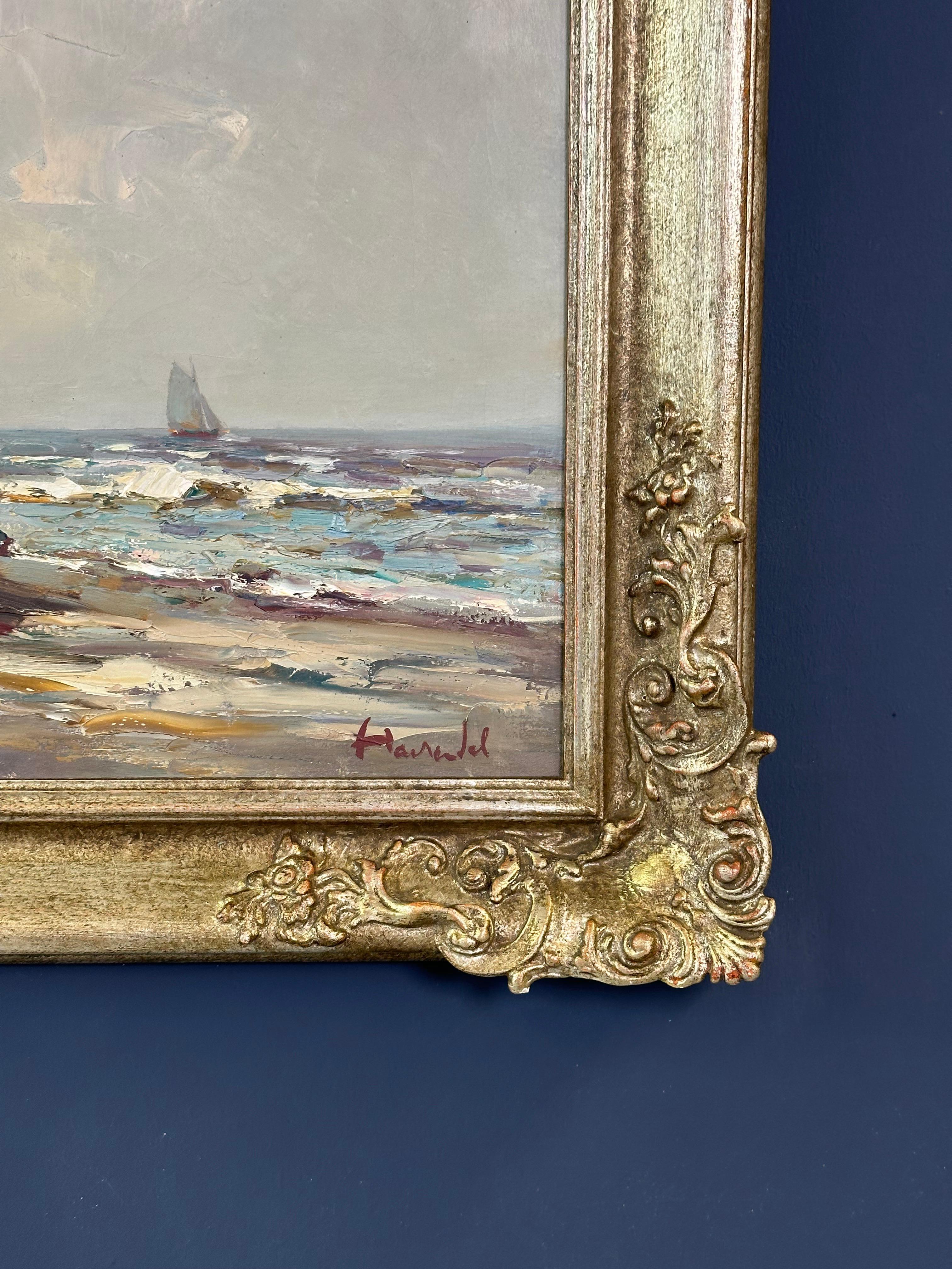 Canvas Oil painting “Segelschiff auf Sand“, frame gold von Harry Haerendel signed For Sale