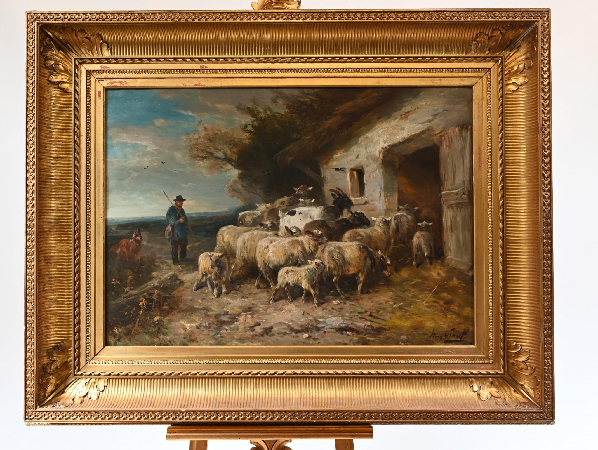 Wonderful antique oil painting of a shepherd herding his flock of sheep
Glorious work of art is by Belgium artist Henry Schouten 1857-1927
We date this piece to circa 1890 
Great work of art by a collectable artist
Very detailed, the quality to