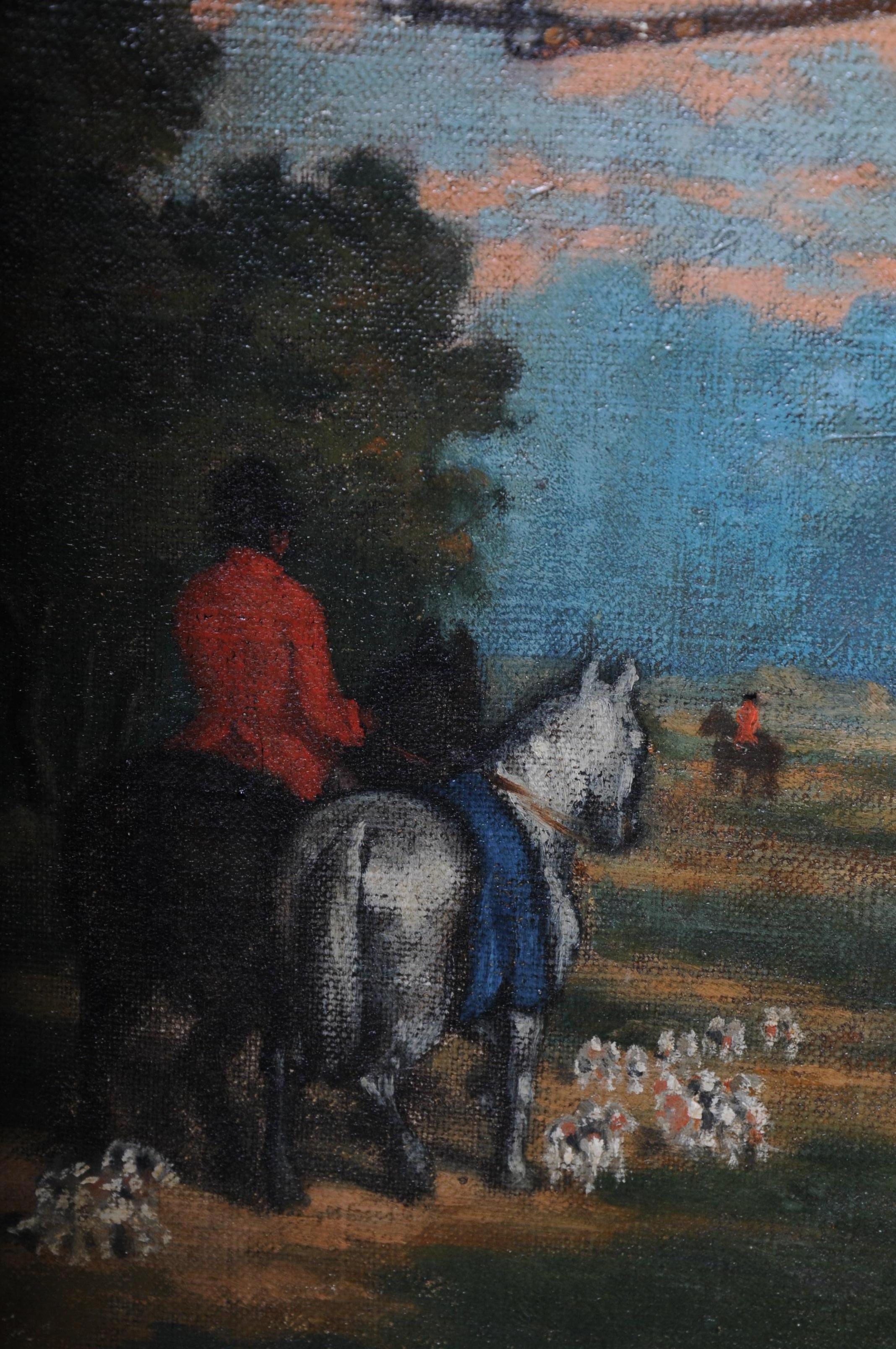 Peinture à l'huile signée H. George 1893 Homme à cheval avec chiens de chasse en vente 5