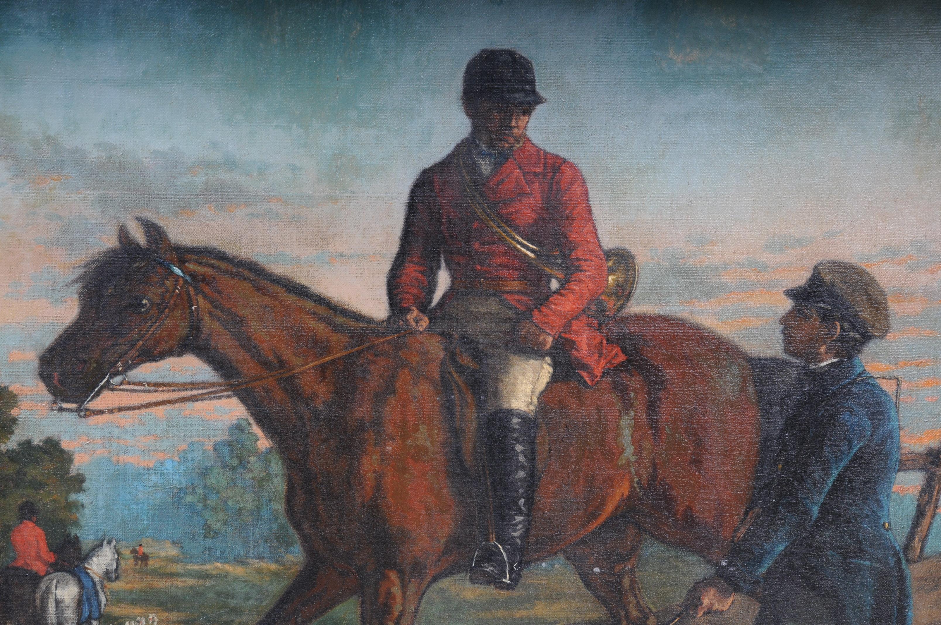Peinture à l'huile signée H. George 1893 Homme à cheval avec chiens de chasse en vente 10