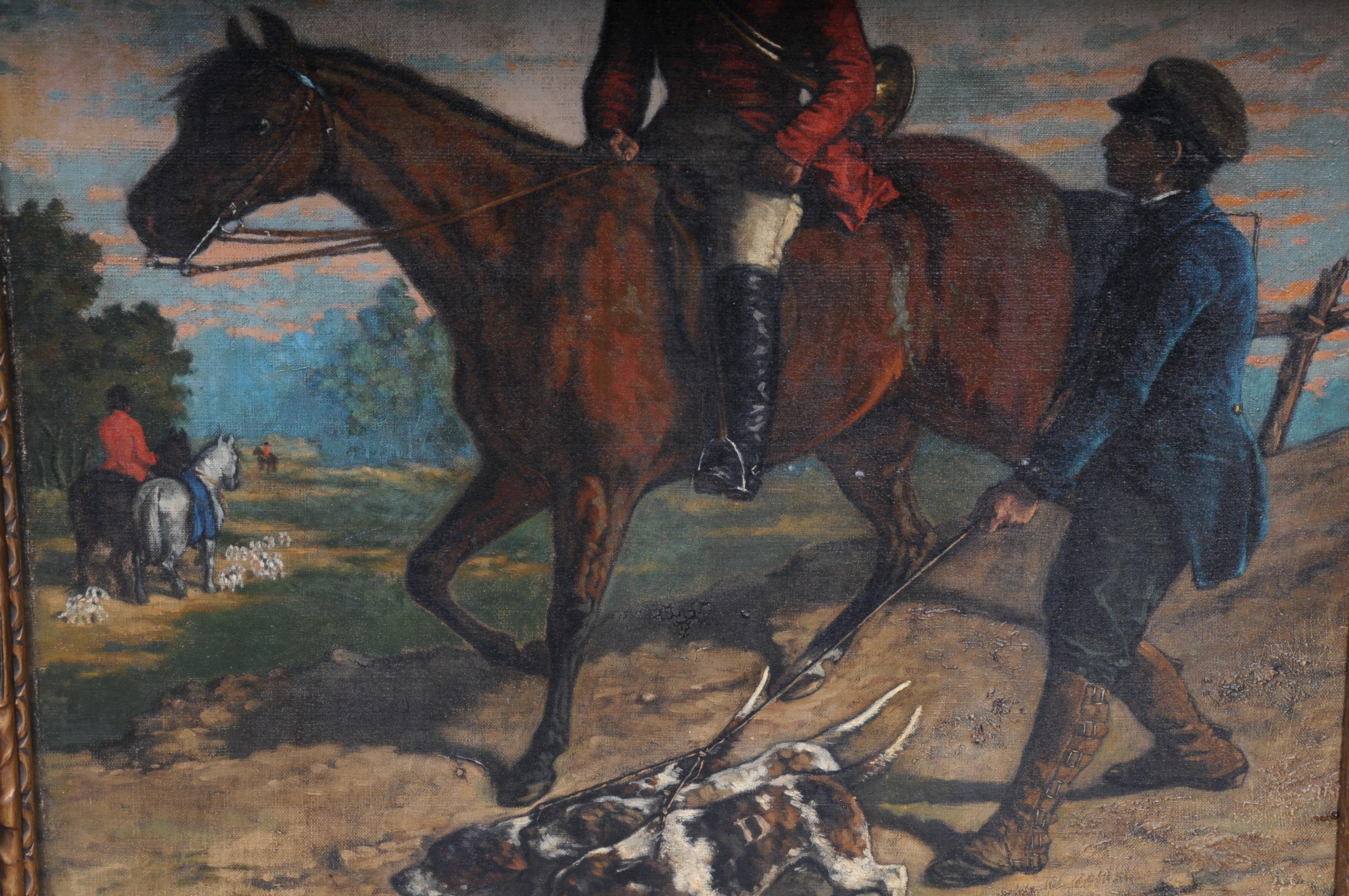 Ölgemälde, signiert H. George 1893, Pferd mit Jagdhunden im Angebot 11