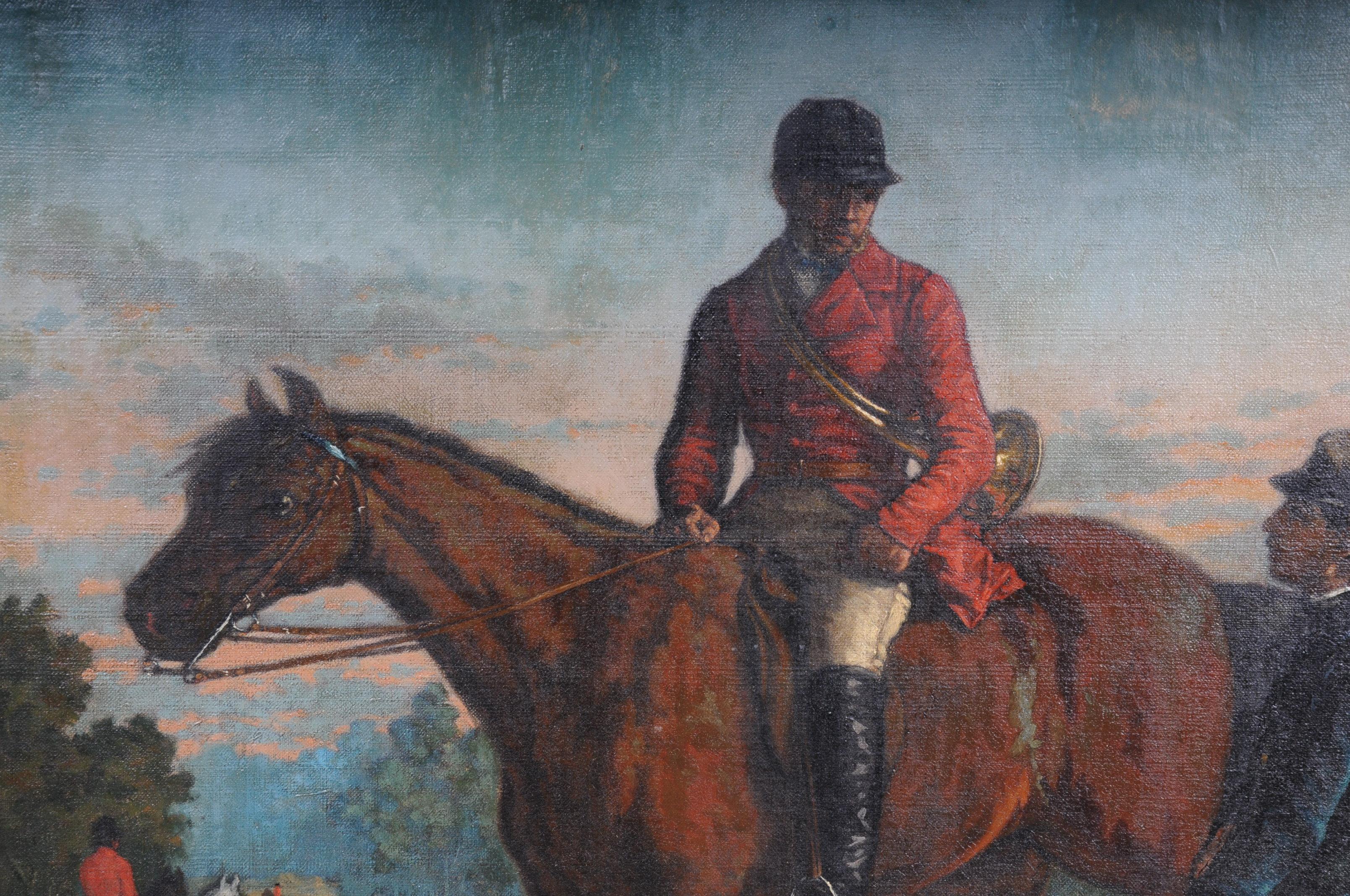 Fin du XIXe siècle Peinture à l'huile signée H. George 1893 Homme à cheval avec chiens de chasse en vente