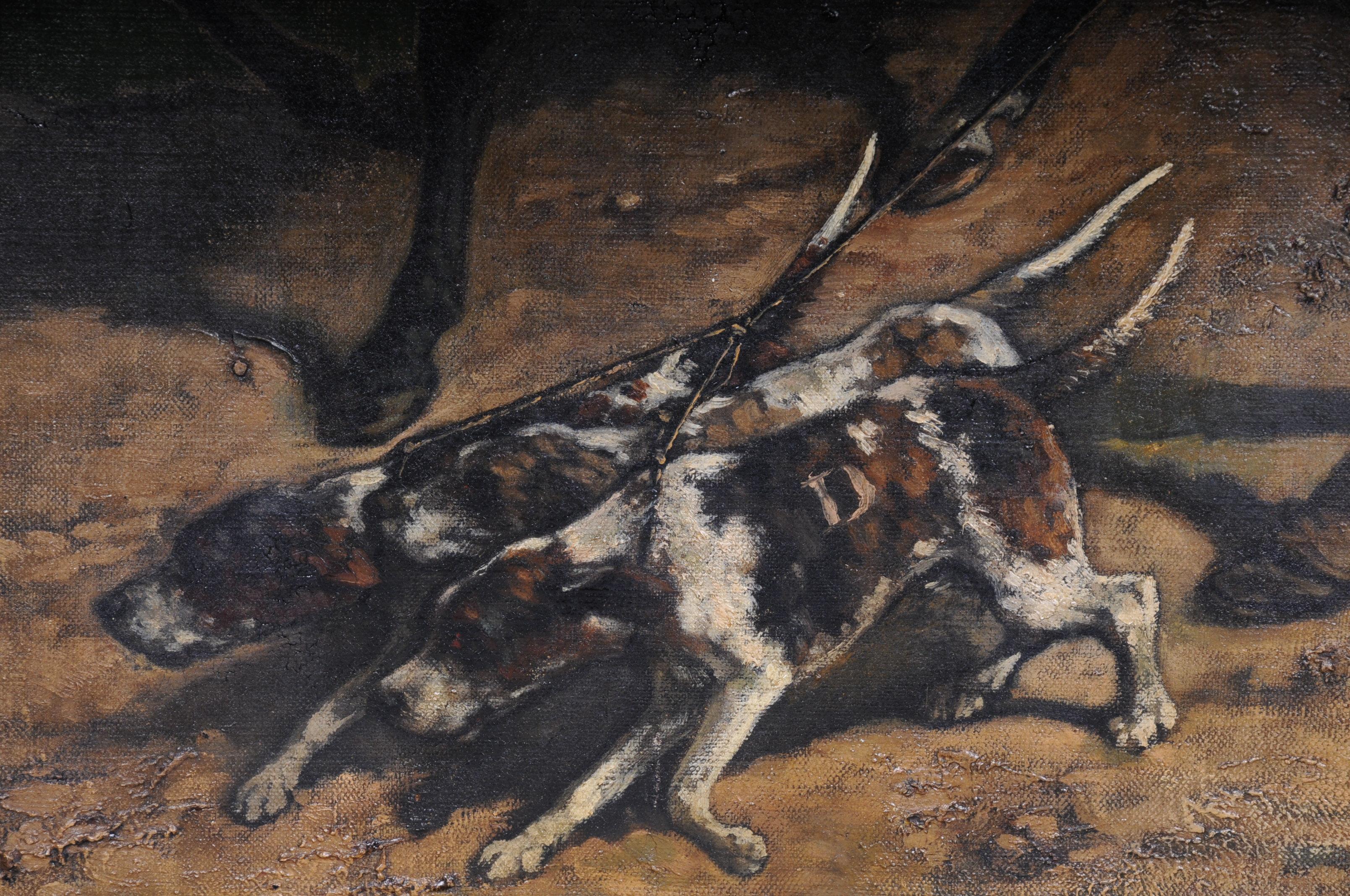 Bois Peinture à l'huile signée H. George 1893 Homme à cheval avec chiens de chasse en vente