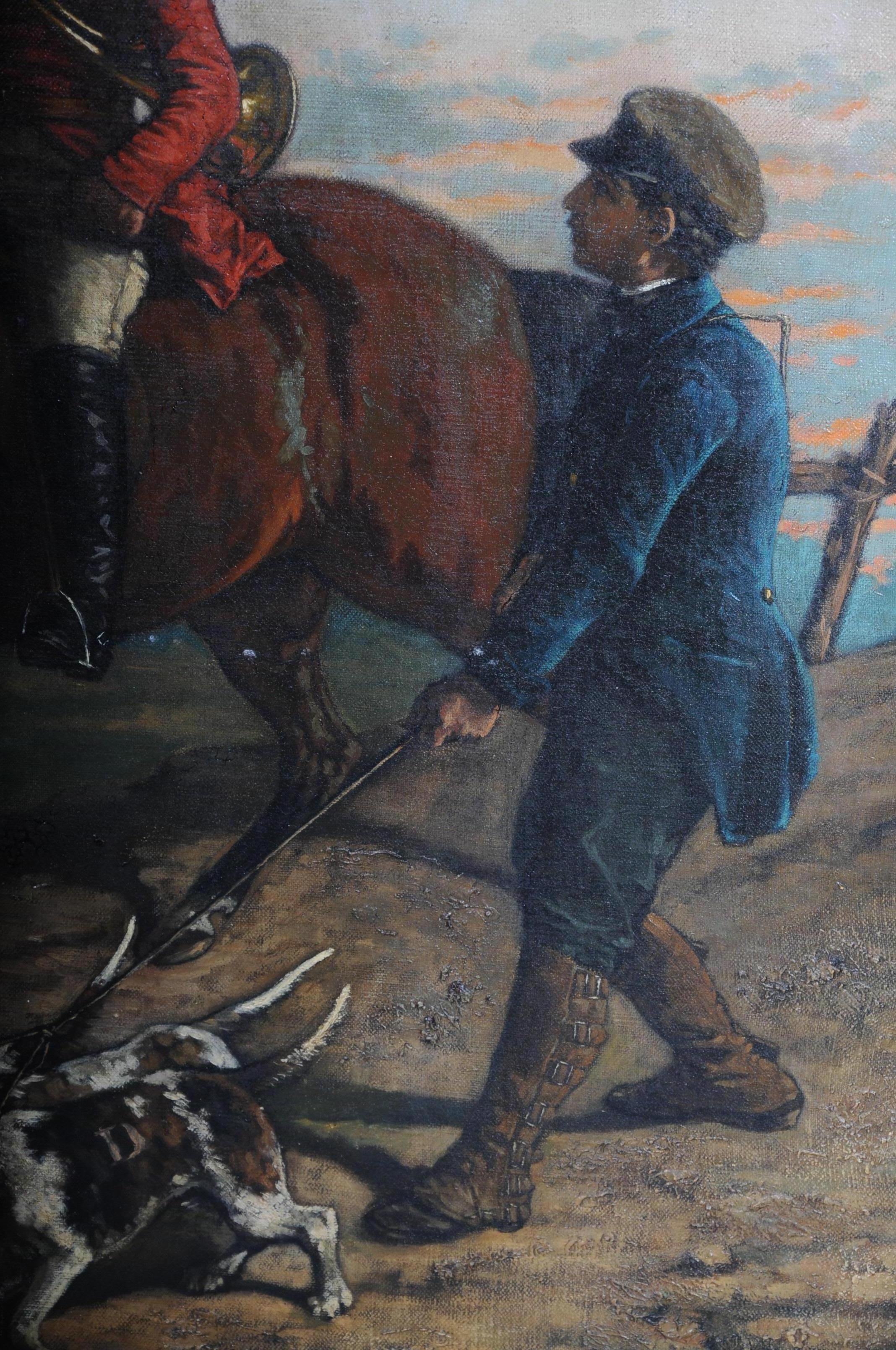 Peinture à l'huile signée H. George 1893 Homme à cheval avec chiens de chasse en vente 1