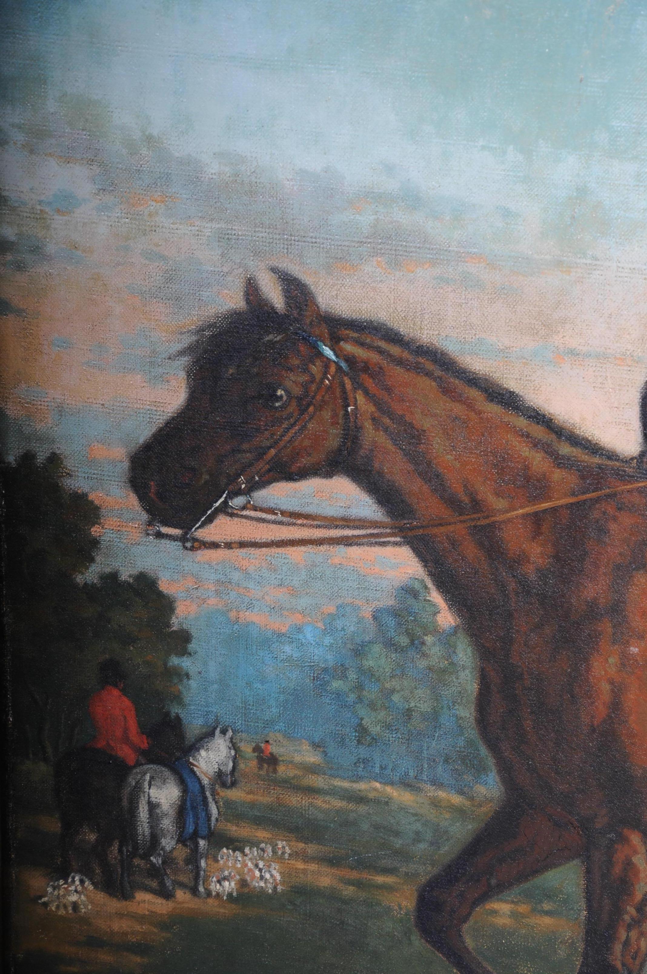 Late 19th Century Oil Painting Sign H. George 1893 Man of Horse with Hunting Dogs For Sale