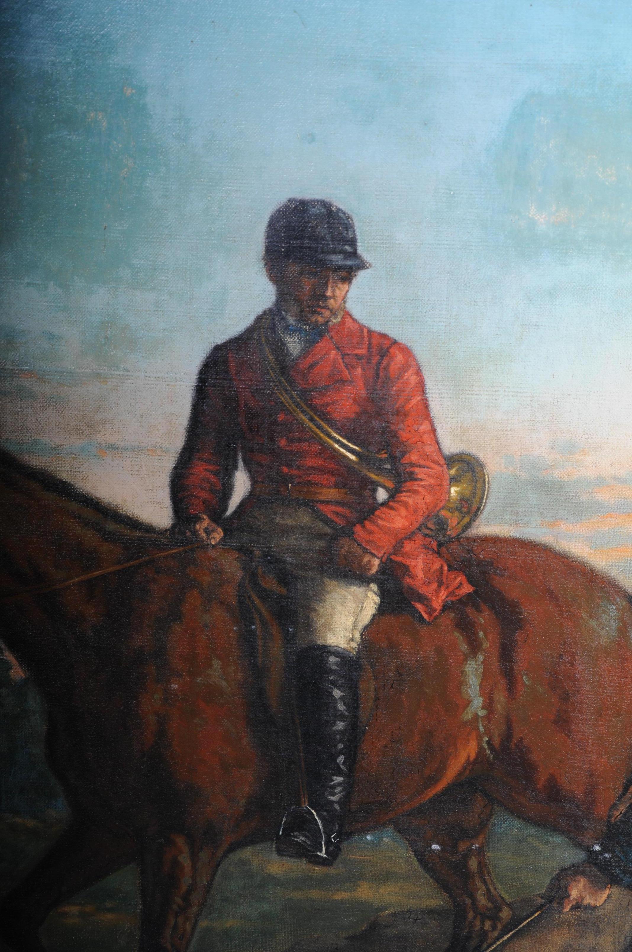 Peinture à l'huile signée H. George 1893 Homme à cheval avec chiens de chasse en vente 3