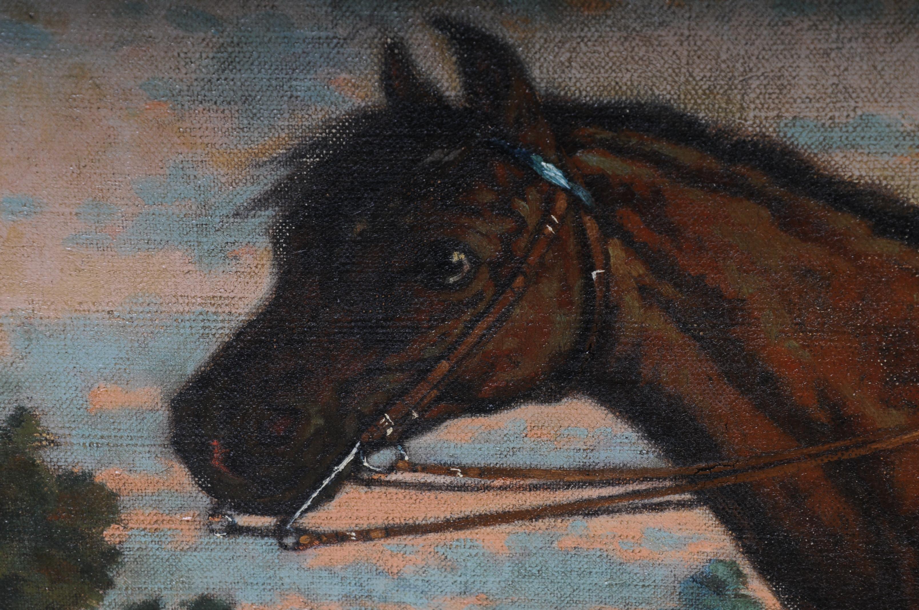 Peinture à l'huile signée H. George 1893 Homme à cheval avec chiens de chasse en vente 4