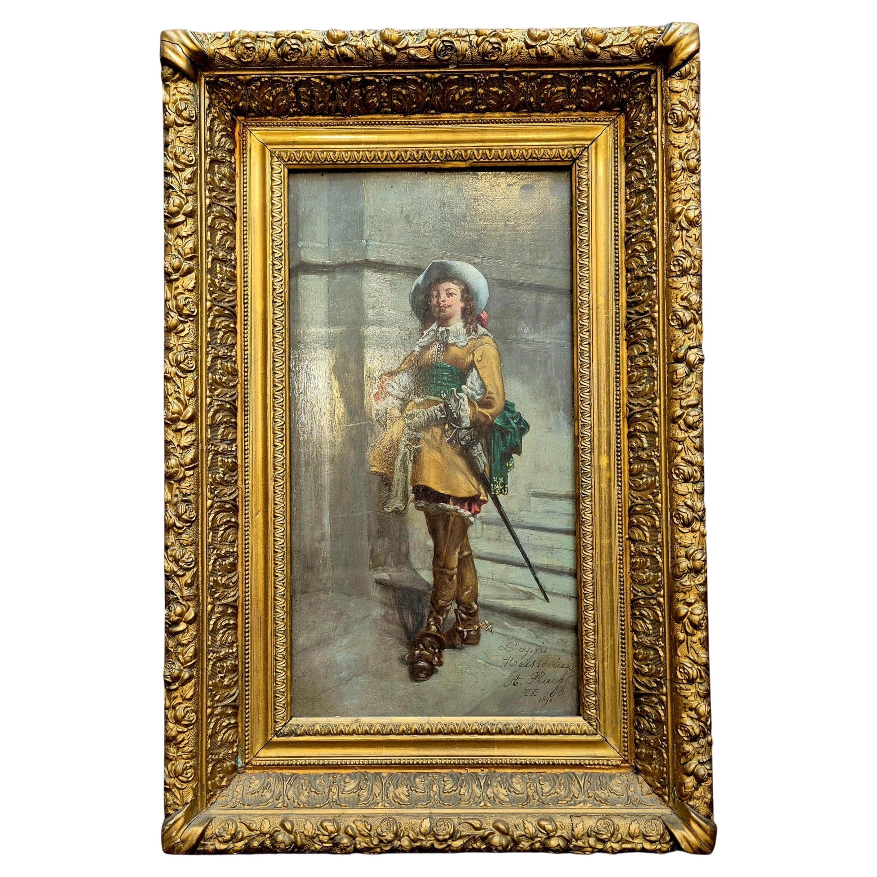 Peinture à l'huile signée par A. Rueff d'après "A Cavalier" de I.L.A. Meissonier, 1891 en vente