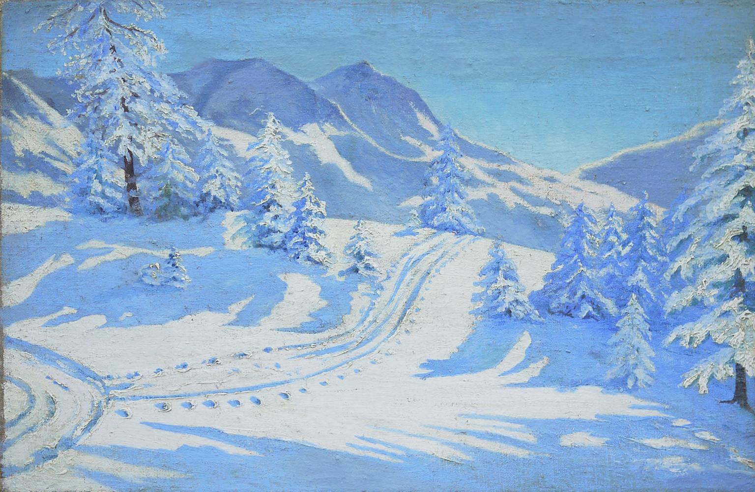 Snowy landscape

Measures: 56 cm x 36 cm (dimensions referring to the canvas only - the painting is sold with frame).

1910s.

Painting depicting a landscape muffled by snow; painting rich in matter, essential colors and with a great