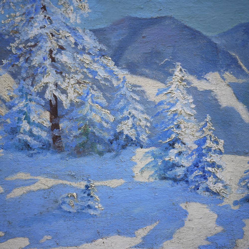 German Oil Painting, Snowy Alpine Landscape, 1910s