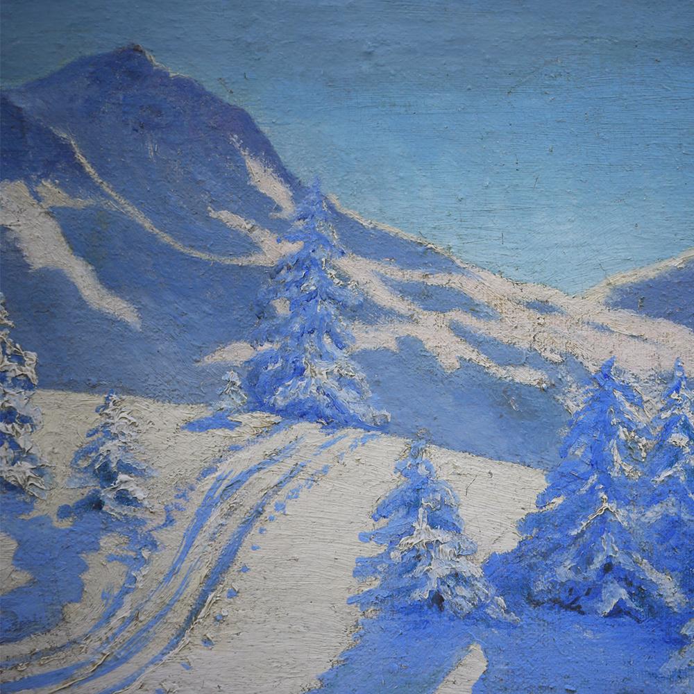 Oiled Oil Painting, Snowy Alpine Landscape, 1910s