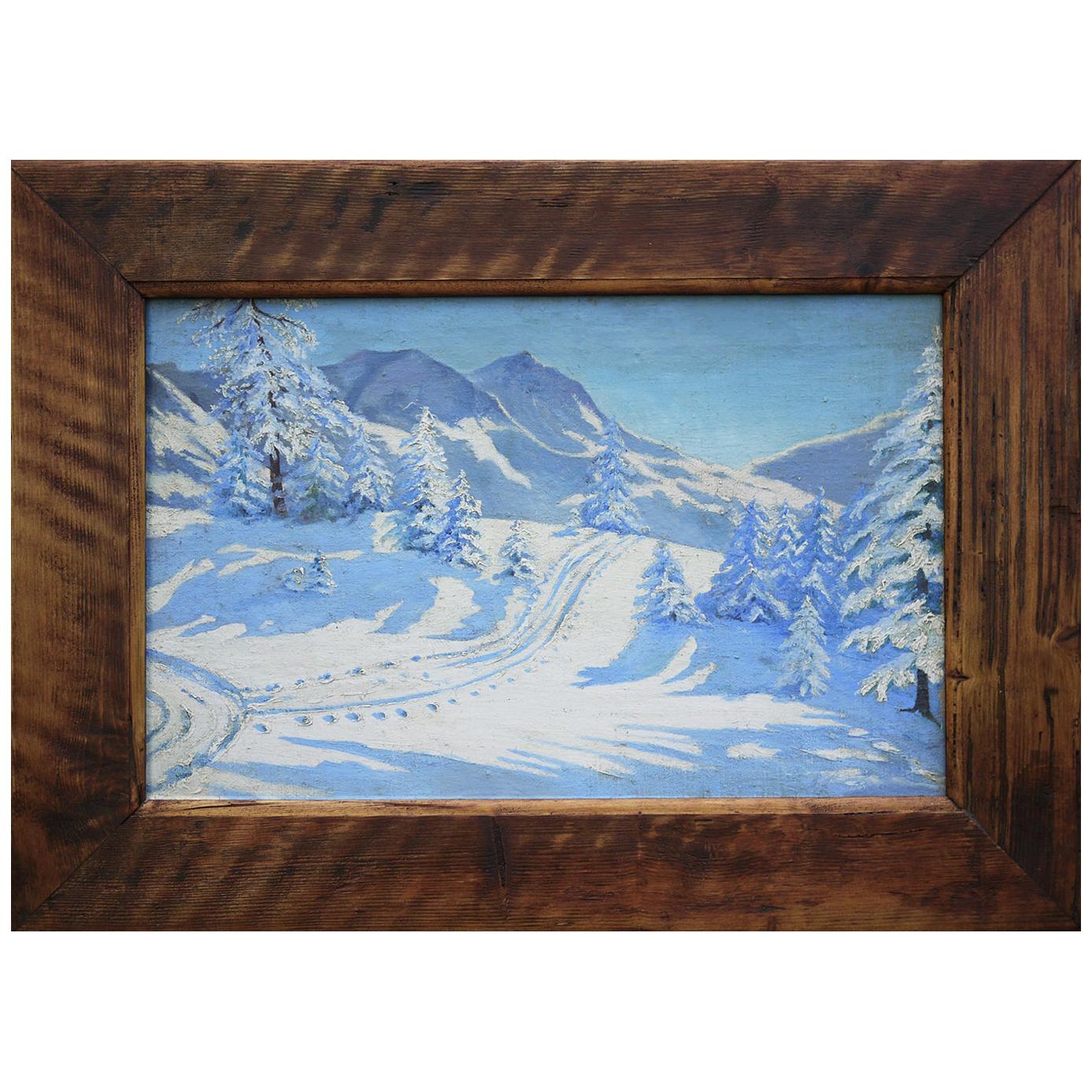 Oil Painting, Snowy Alpine Landscape, 1910s