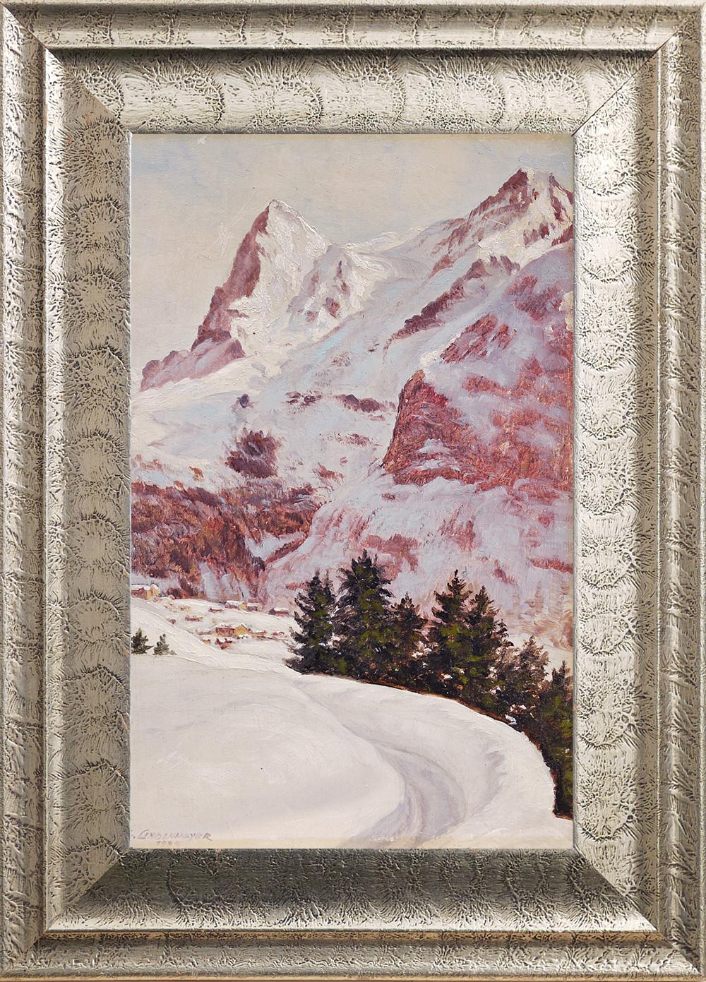 German Oil Painting, Snowy Landscape Alps, G. Lindenmayer