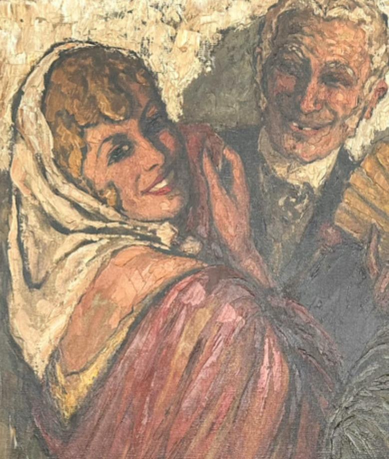 Art Deco Oil Painting Spanish Scene of man with Maja women For Sale