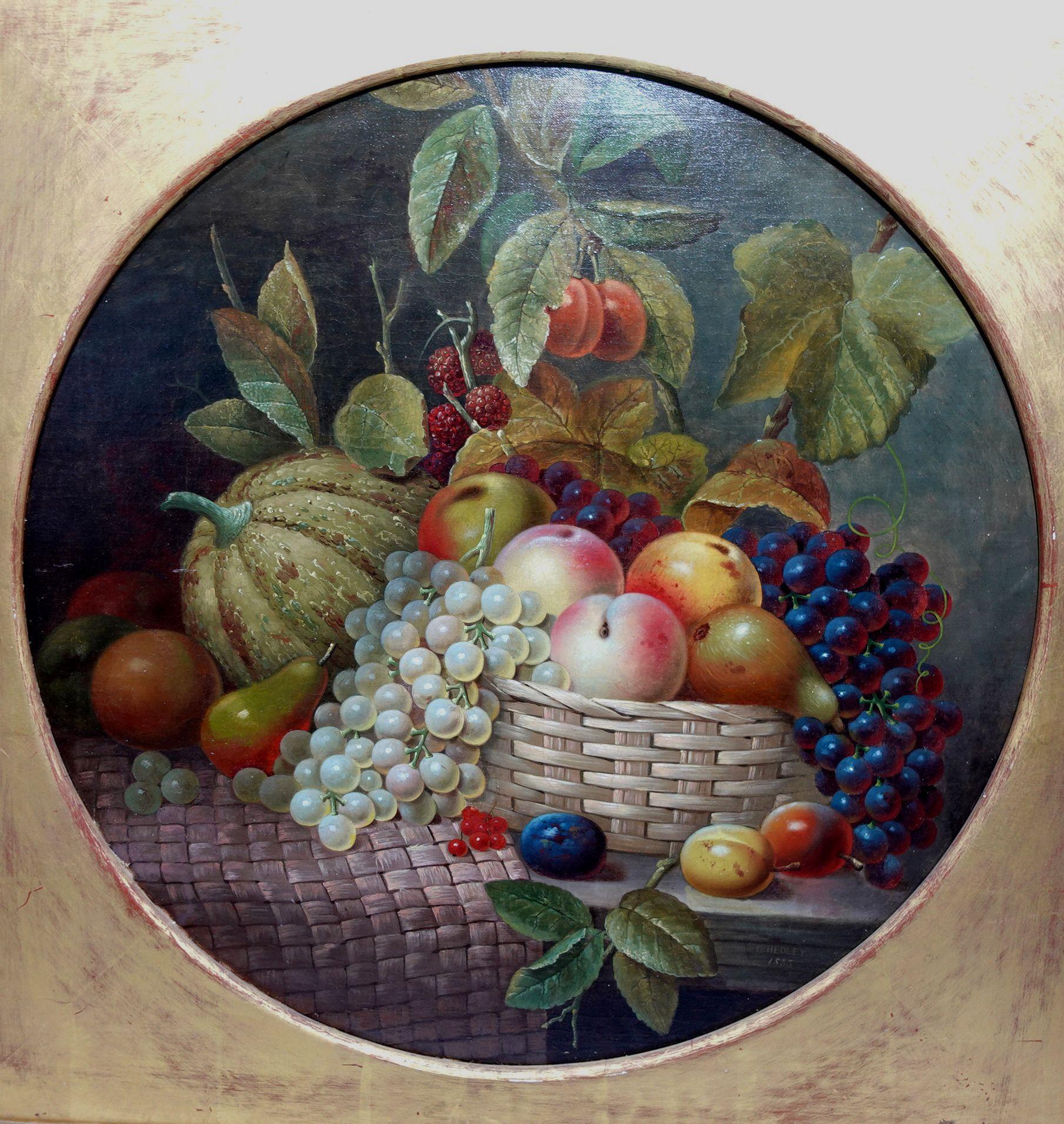 George Hedley (British), 1855
Still Life with Fruit
signed 'G. HEDLEY / 1855' (lower right) oil on canvas
55 x 55 cm (21 5/8 x 21 5/8 in).
framed 74.5 x 74.5 x 4.5 cm. (29 1/3 x 29 1/3 x 1 4/5 in.)