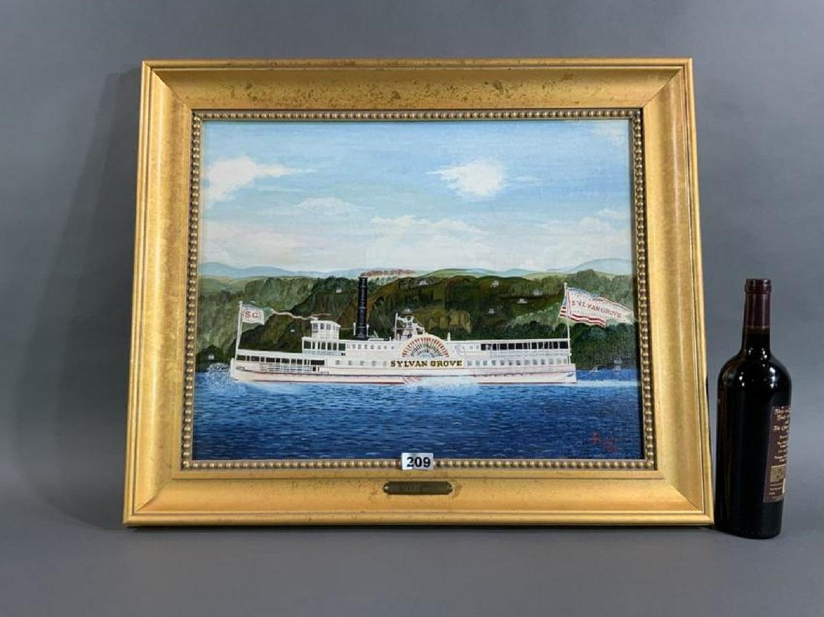 Paddle wheeler Sylvan Grove of the Hudson River Day Line as painted by noted artist Joe Selby, (1893-1960). Colorful painting with flags flying and a mountainous background. Framed.

Overall Dimensions: Weight is 6 pounds. 24