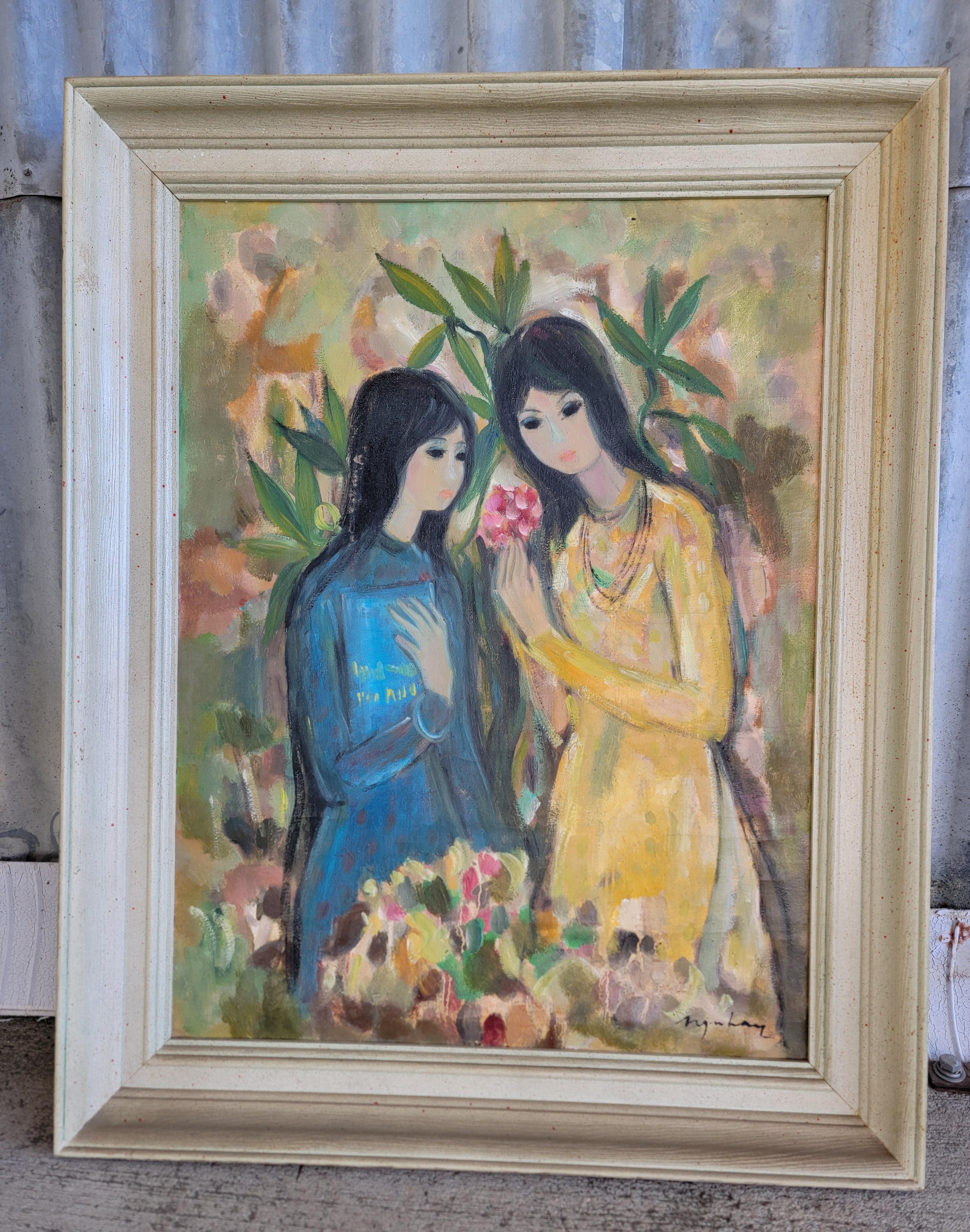 Pintura al óleo Mujer vietnamita con flores Vietnamita en venta