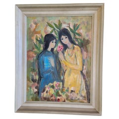 Vintage Oil Painting Vietnamese Woman with Flowers 