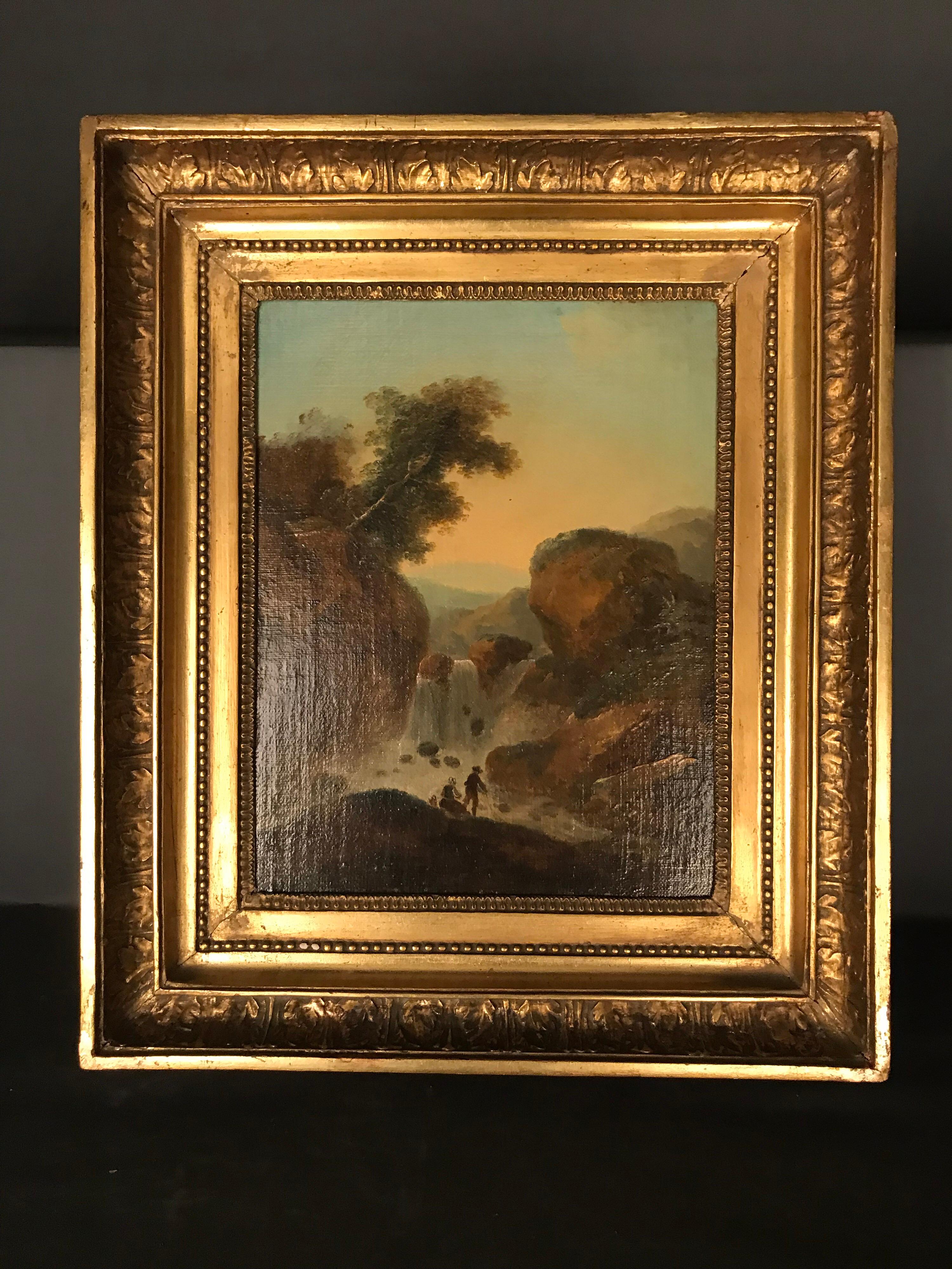 Old oil painting 18th century 
Illustration of waterfall in roman mountains 
18th century painting in a gilded frame 
Very fine painting.
 