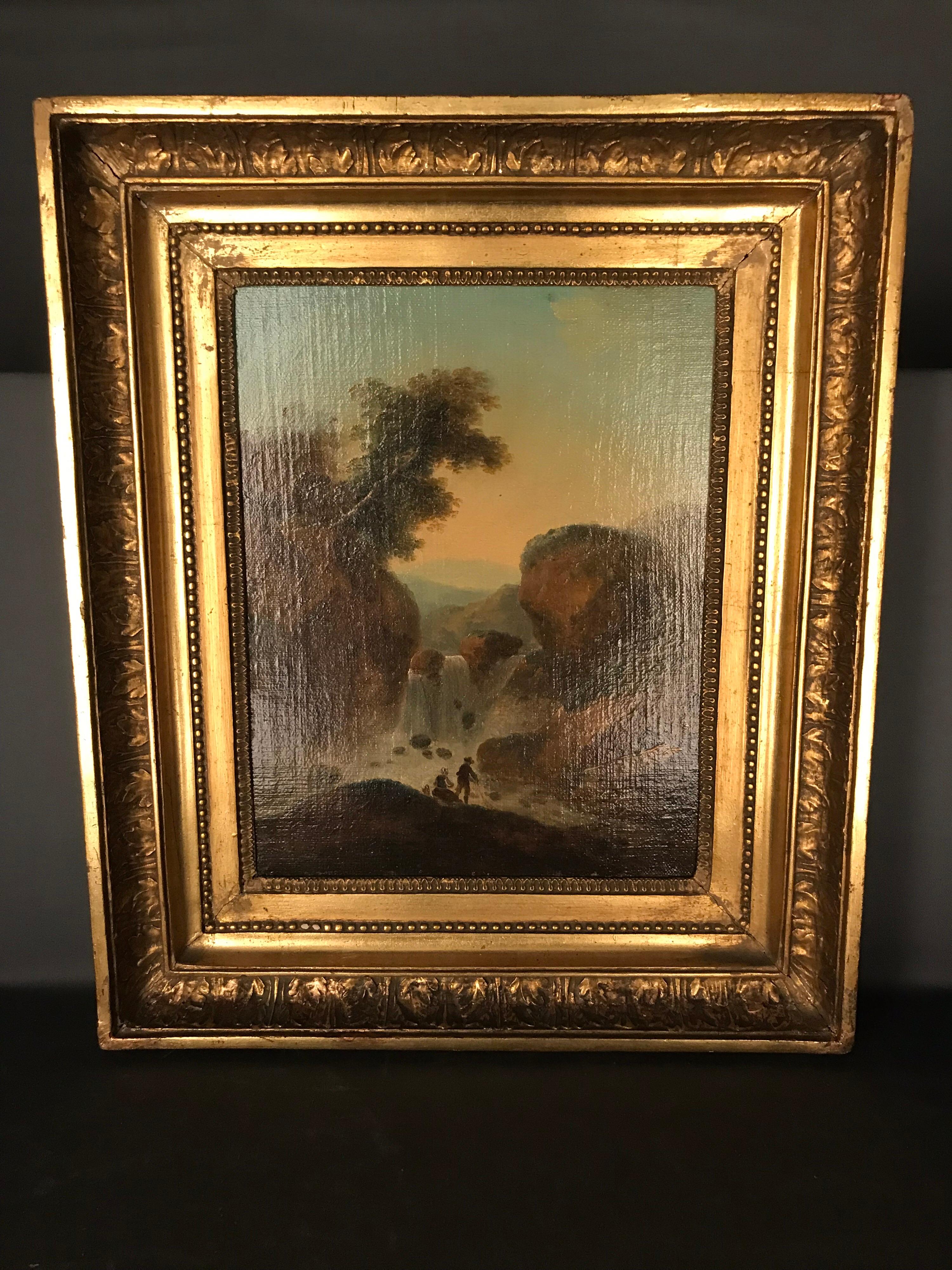 Hand-Painted Oil Painting Waterfall in the Roman Mountains, 18th Century For Sale