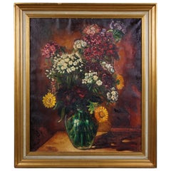 Peinture à l'huile représentant une nature morte d'un vase avec des fleurs.