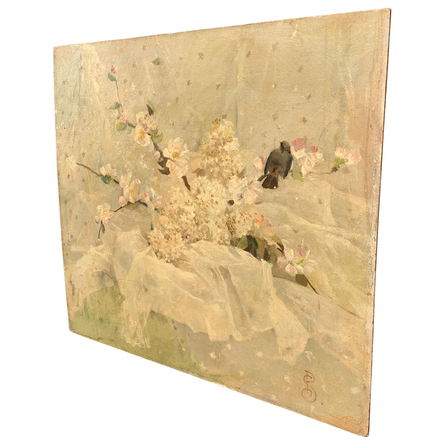 Hand-Crafted Oil Painting with Flowers and a Bird By J.P. Sinibaldi For Sale
