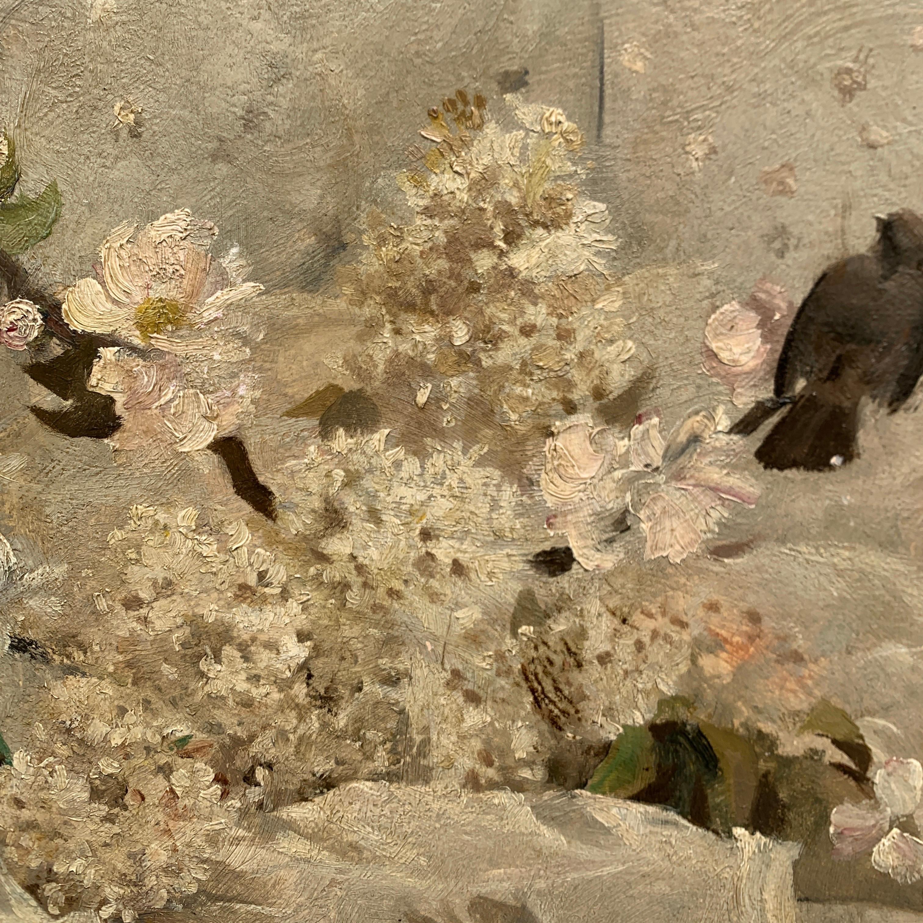 Oil Painting with Flowers and a Bird By J.P. Sinibaldi In Good Condition For Sale In Haddonfield, NJ