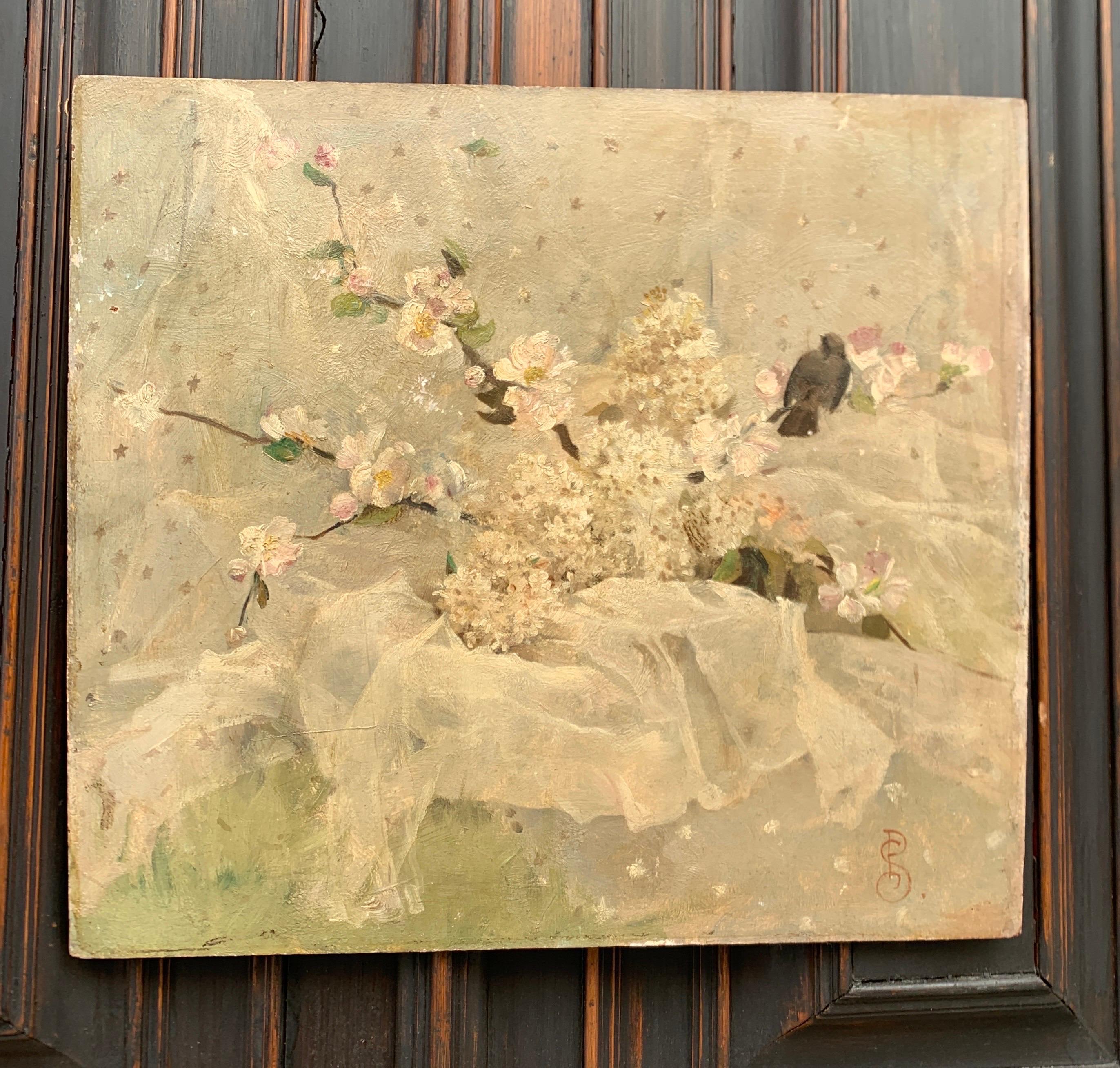 20th Century Oil Painting with Flowers and a Bird By J.P. Sinibaldi For Sale