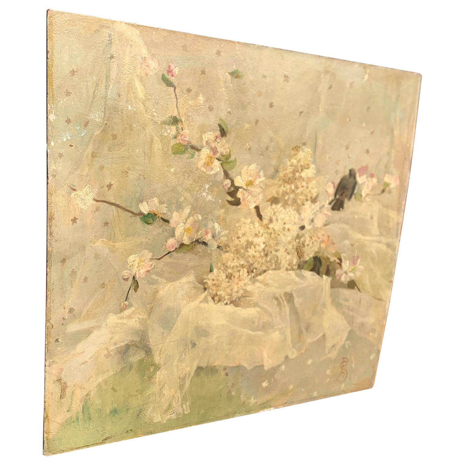 Wood Oil Painting with Flowers and a Bird By J.P. Sinibaldi For Sale