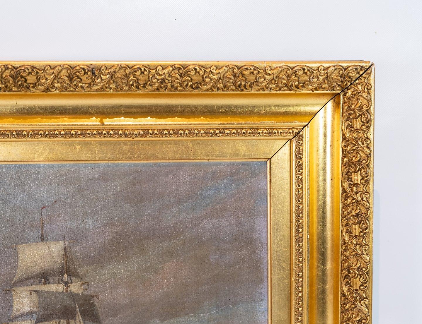 Oil painting with marine motif with gilded frame signed Carl Locher. The painting is in great vintage condition. Carl Locher was born in Flensburg in 1851 and died in Skagen in 1915.