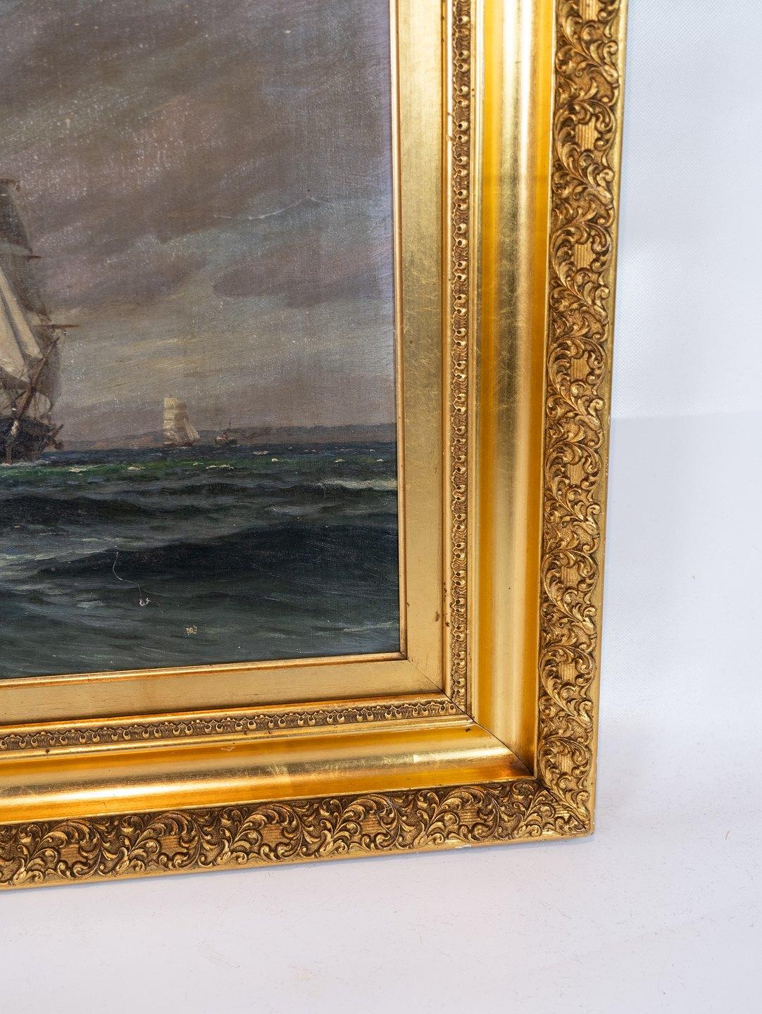 Danish Oil Painting with Marine Motif with Gilded Frame Signed Carl Locher