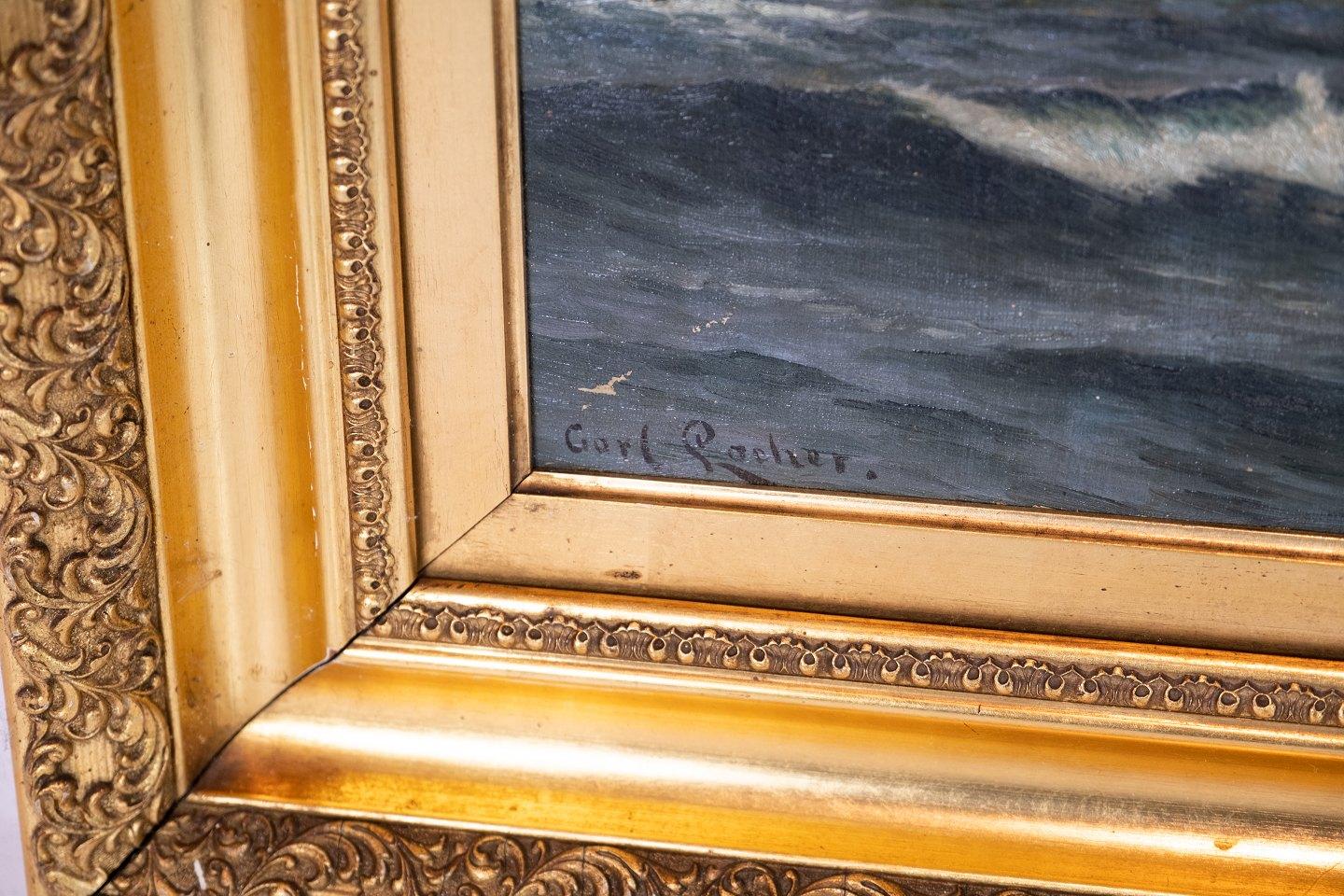 Oil Painting with Marine Motif with Gilded Frame Signed Carl Locher In Good Condition In Lejre, DK