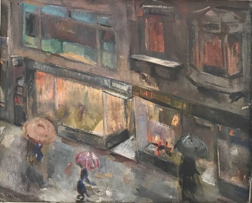 Lovely work depicting walkers on a rainy evening on a city street. The piece has movement and, despite the dark colors, has energy! The piece is signed on the stretcher, 