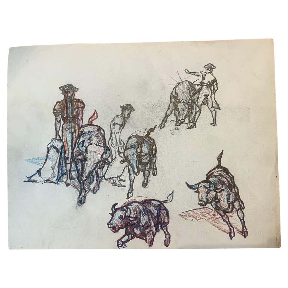 Bull Riding Scrapbook Pencil Sketch of Bull Riders on Paper For Sale at 1stDibs