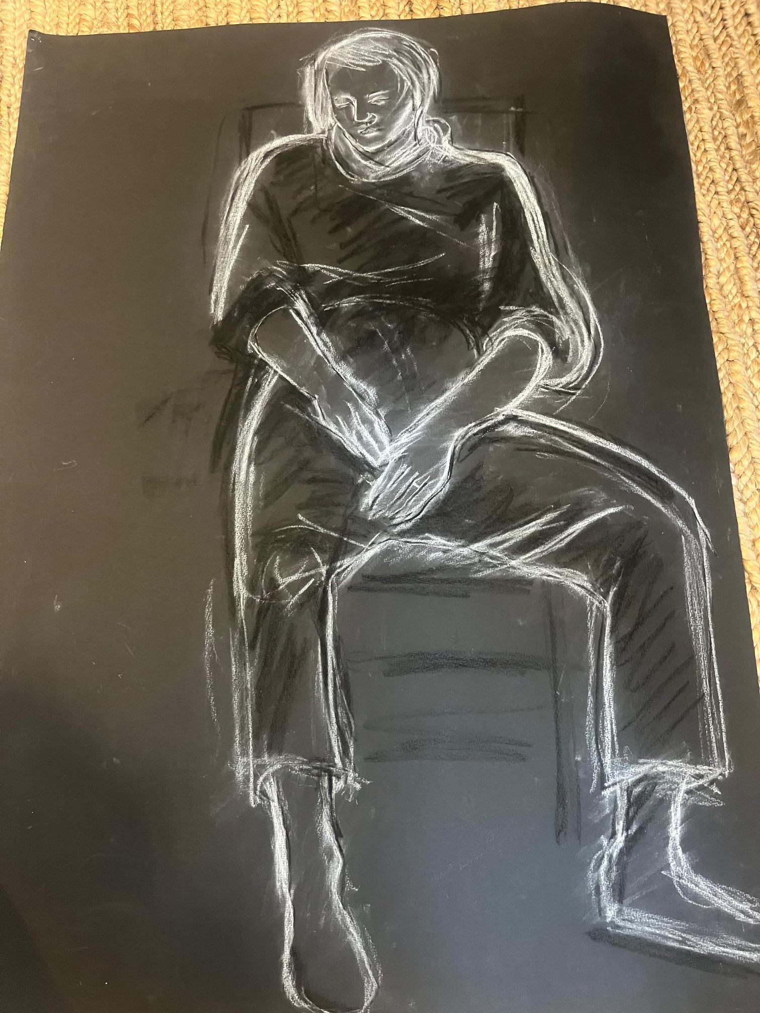 Moderne Esquisse au pastel à l'huile sur papier noir en vente