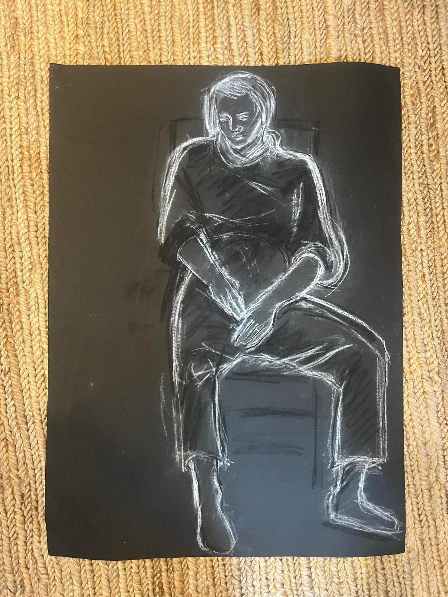 Esquisse au pastel à l'huile sur papier noir Bon état - En vente à New York, NY