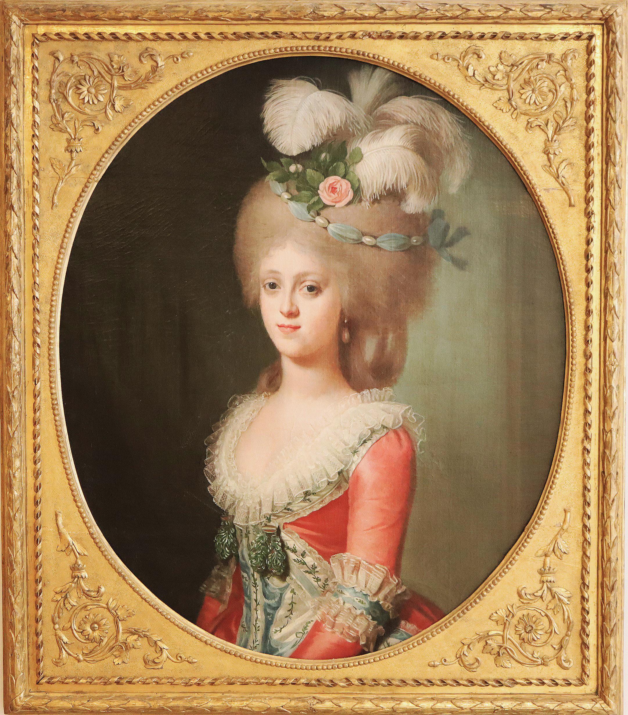 The lady in the portrait is possibly Marie-Antoinette, queen of Louis XVI, and former Austrian princess in her youth. Her extravagant hairstyle demonstrates one of the most striking borrowings of English fashion of the 18th century. The colours used